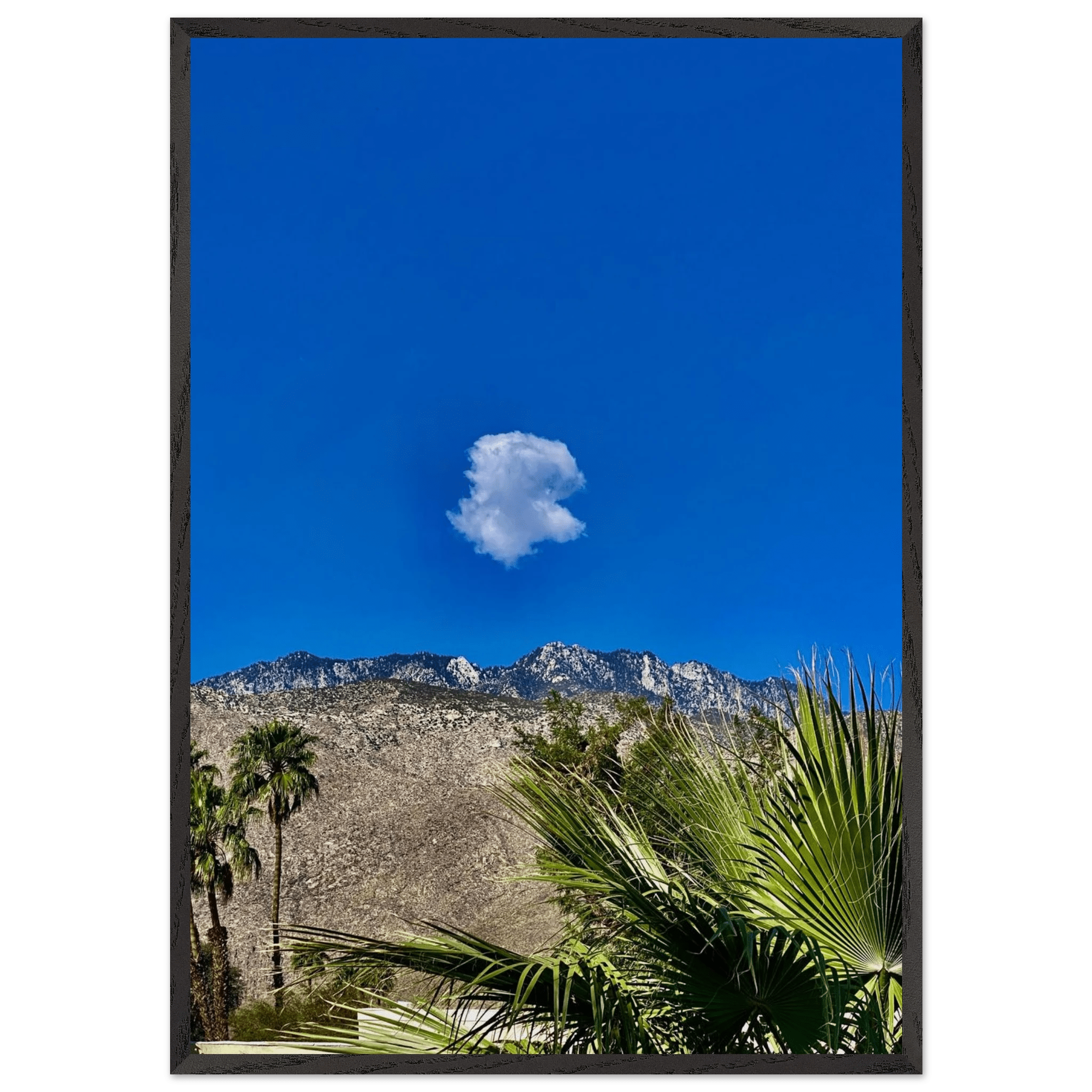 Palm Springs cloud-mounted wooden framed poster featuring stunning California art in vibrant colors, perfect for home decor.