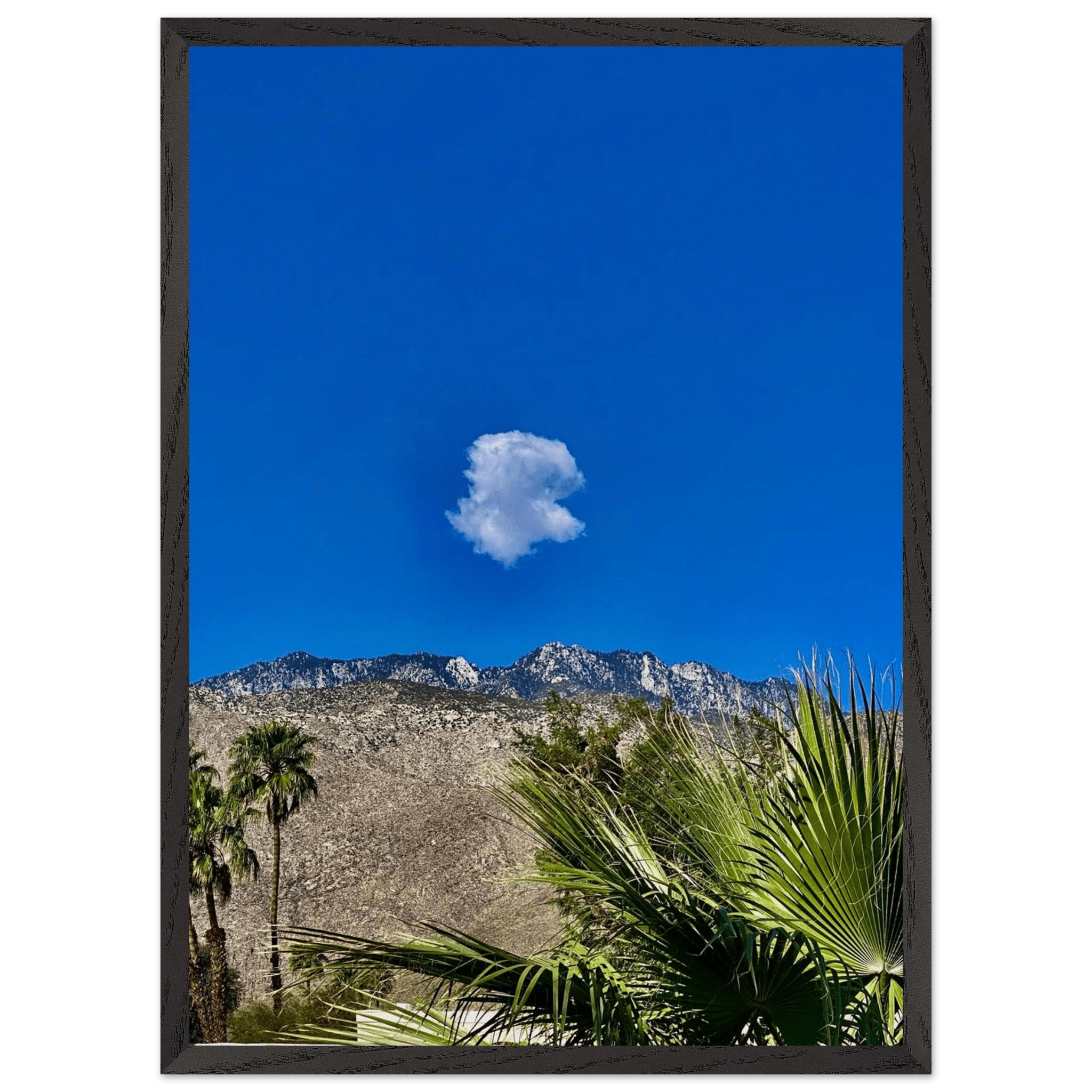 Palm Springs cloud mounted wooden framed poster featuring stunning California art in vibrant colors, ideal for home decor.