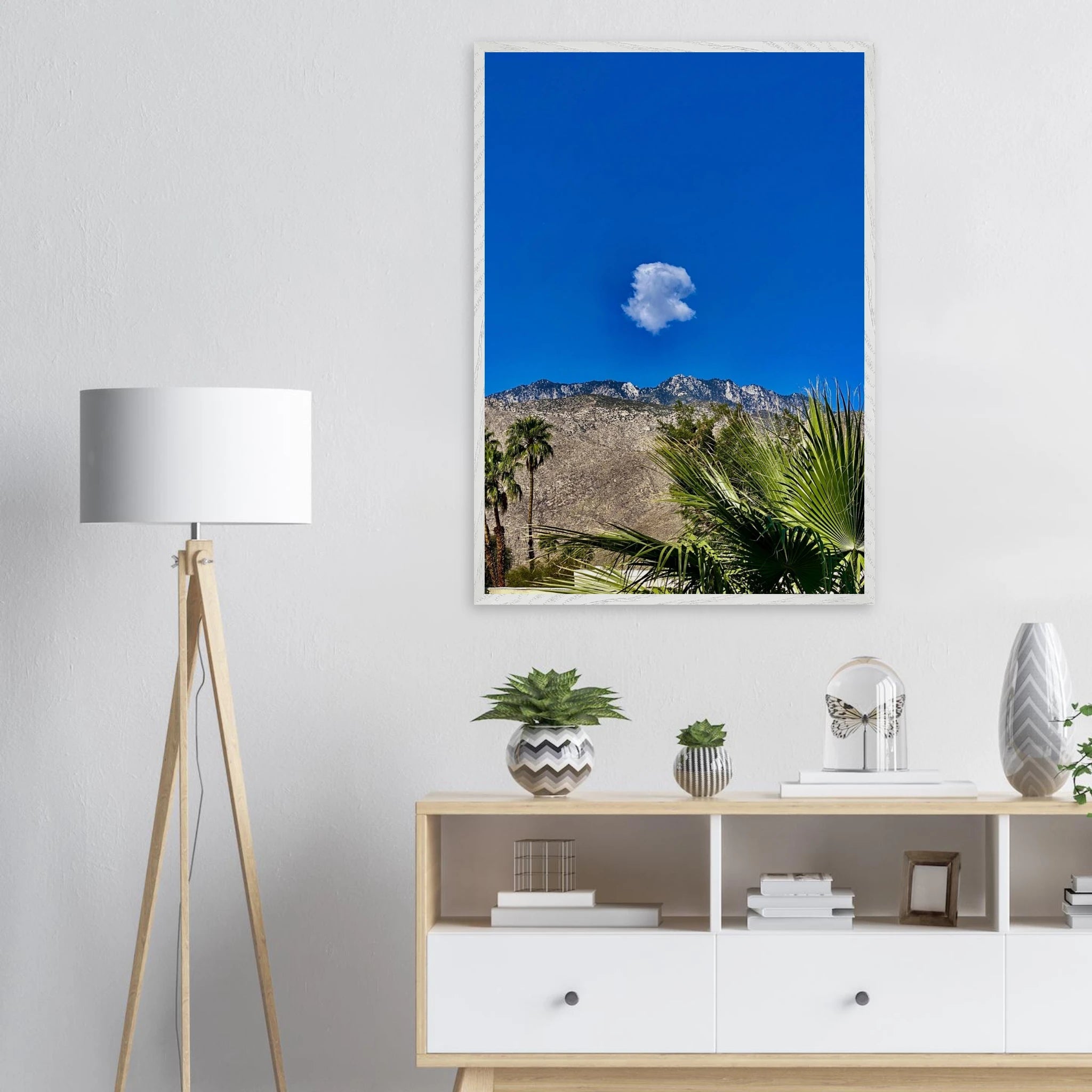Palm Springs cloud mounted wooden framed poster featuring California landscape art, perfect for stylish home decor.