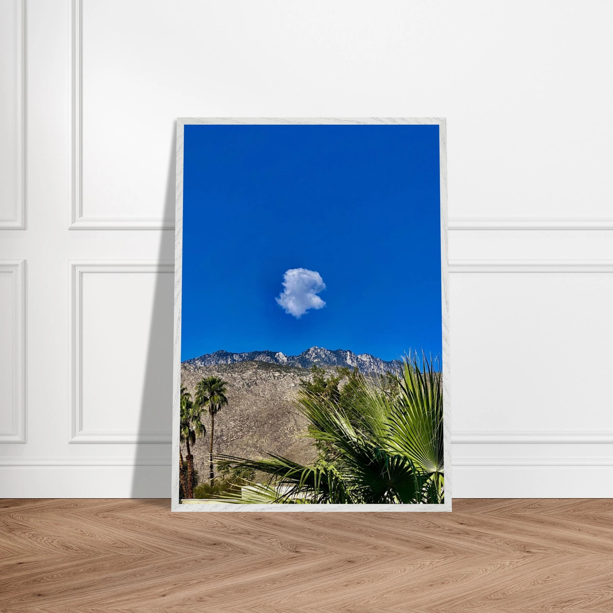 Palm Springs cloud-mounted wooden framed poster featuring California landscape art in a white frame, studio edition Spring 26.