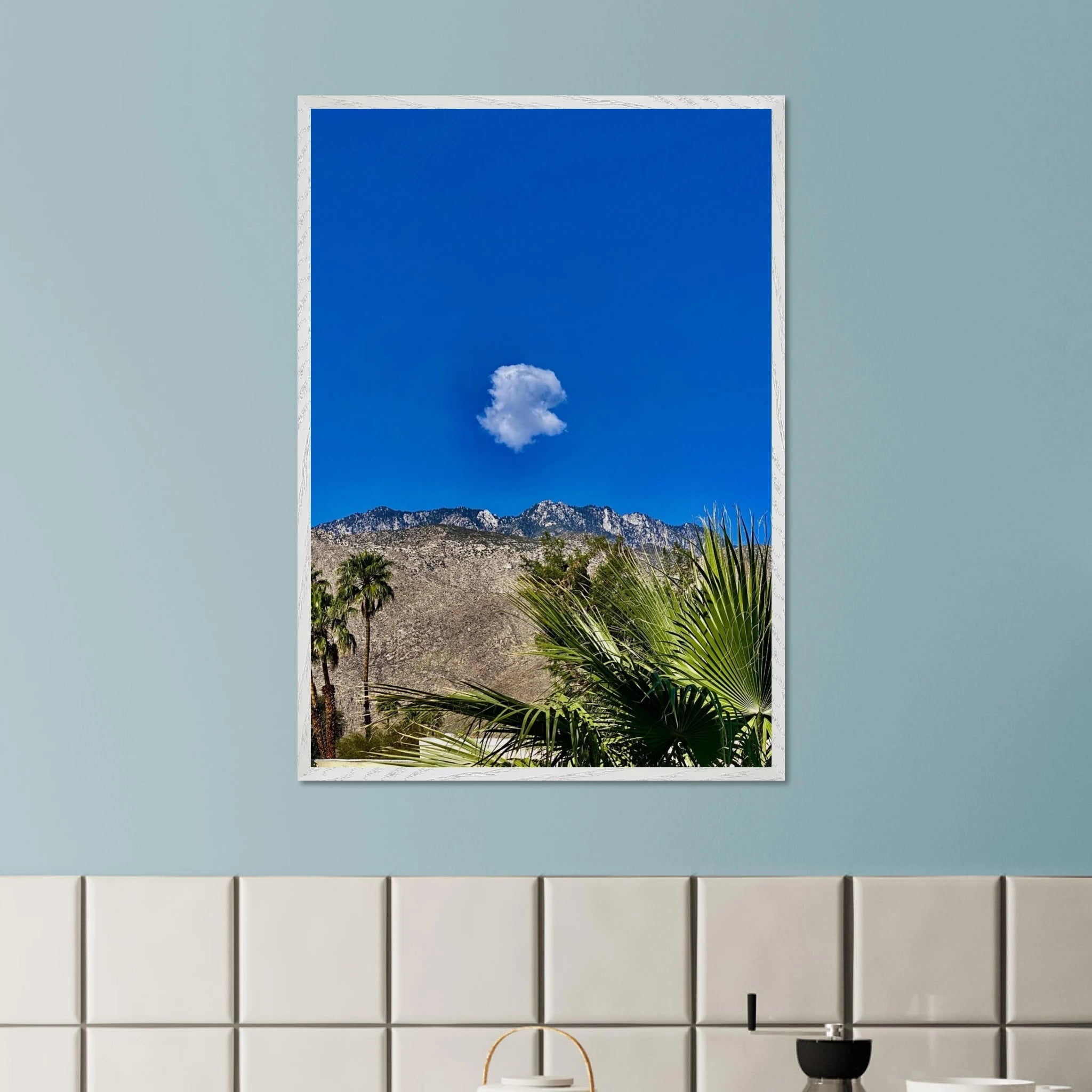 Palm Springs cloud-mounted wooden framed poster showcasing California scenery, vibrant spring 26 studio edition home decor art.