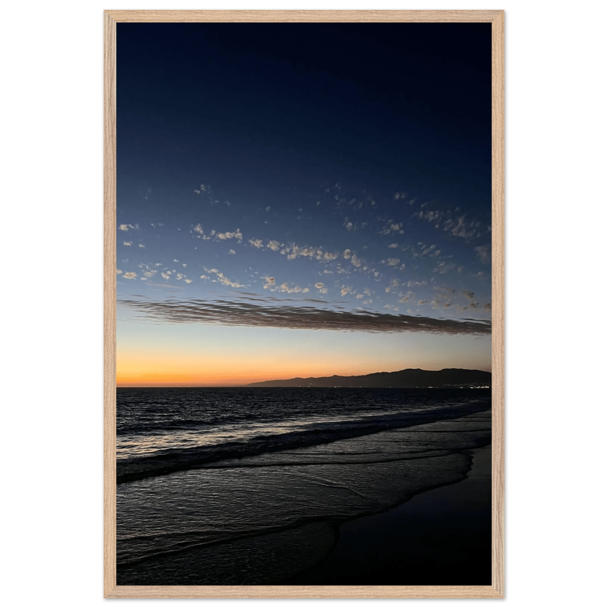 Premium wooden framed poster of a SoCal fall sunset, vibrant semi-glossy California artwork for home decor, 15x20 cm.