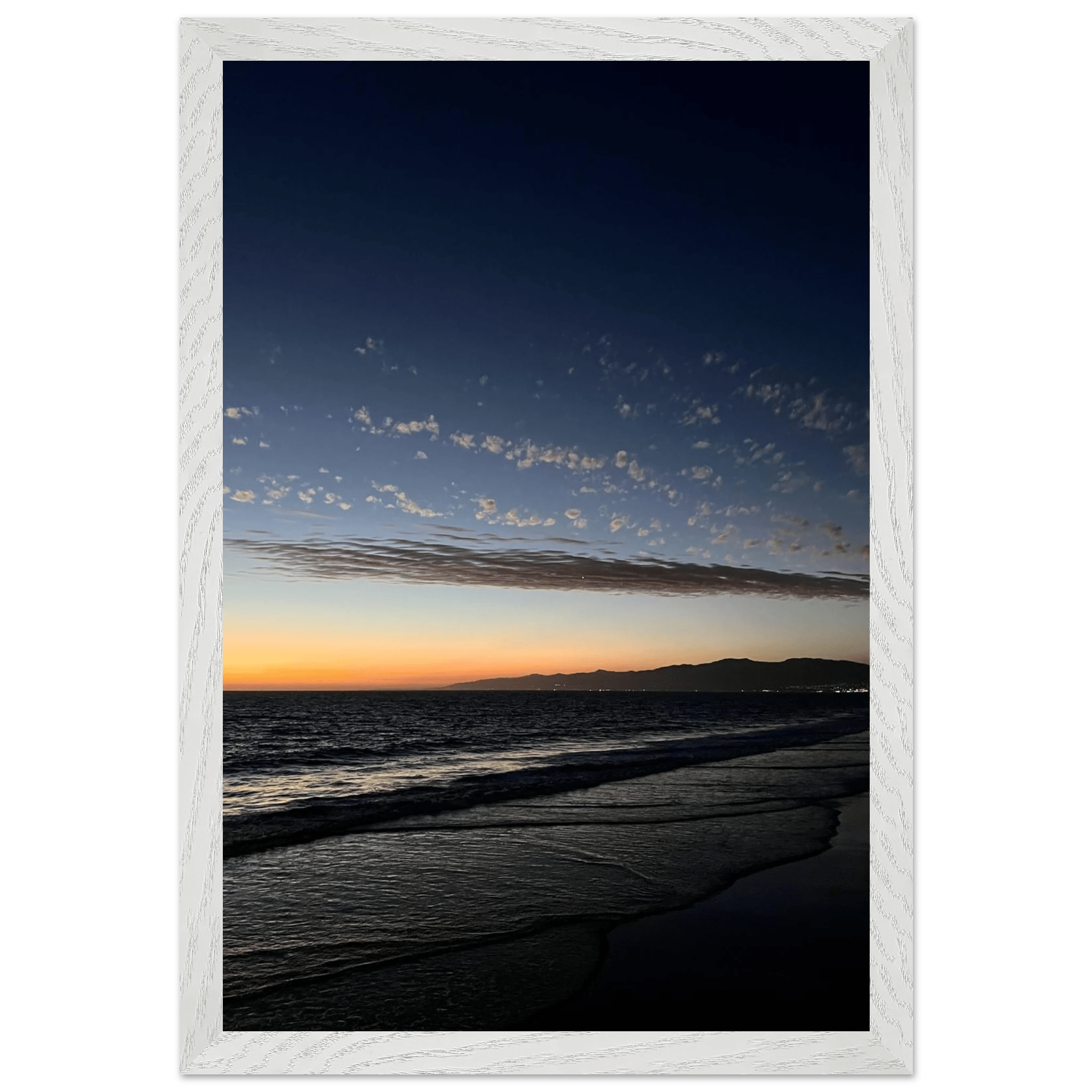 Premium wooden framed poster of a vibrant SoCal fall sunset, mounted in a white frame, perfect for home decor.