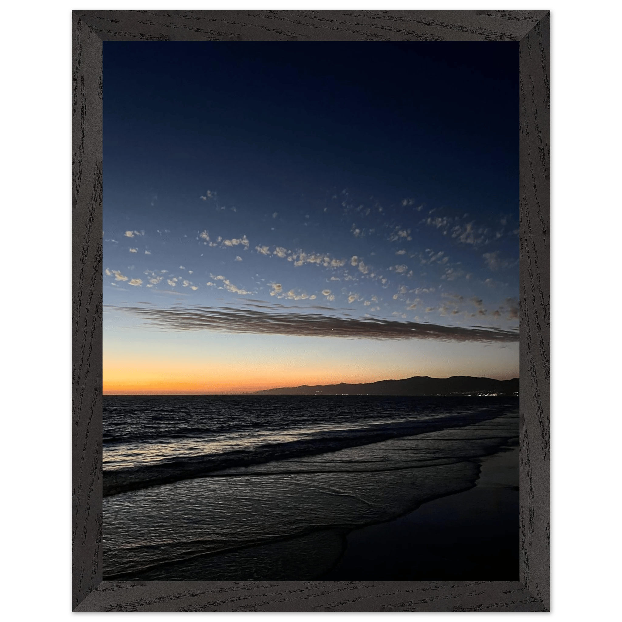 Premium wooden framed poster of SoCal fall sunset, vibrant California artwork in a white frame, perfect for home décor.