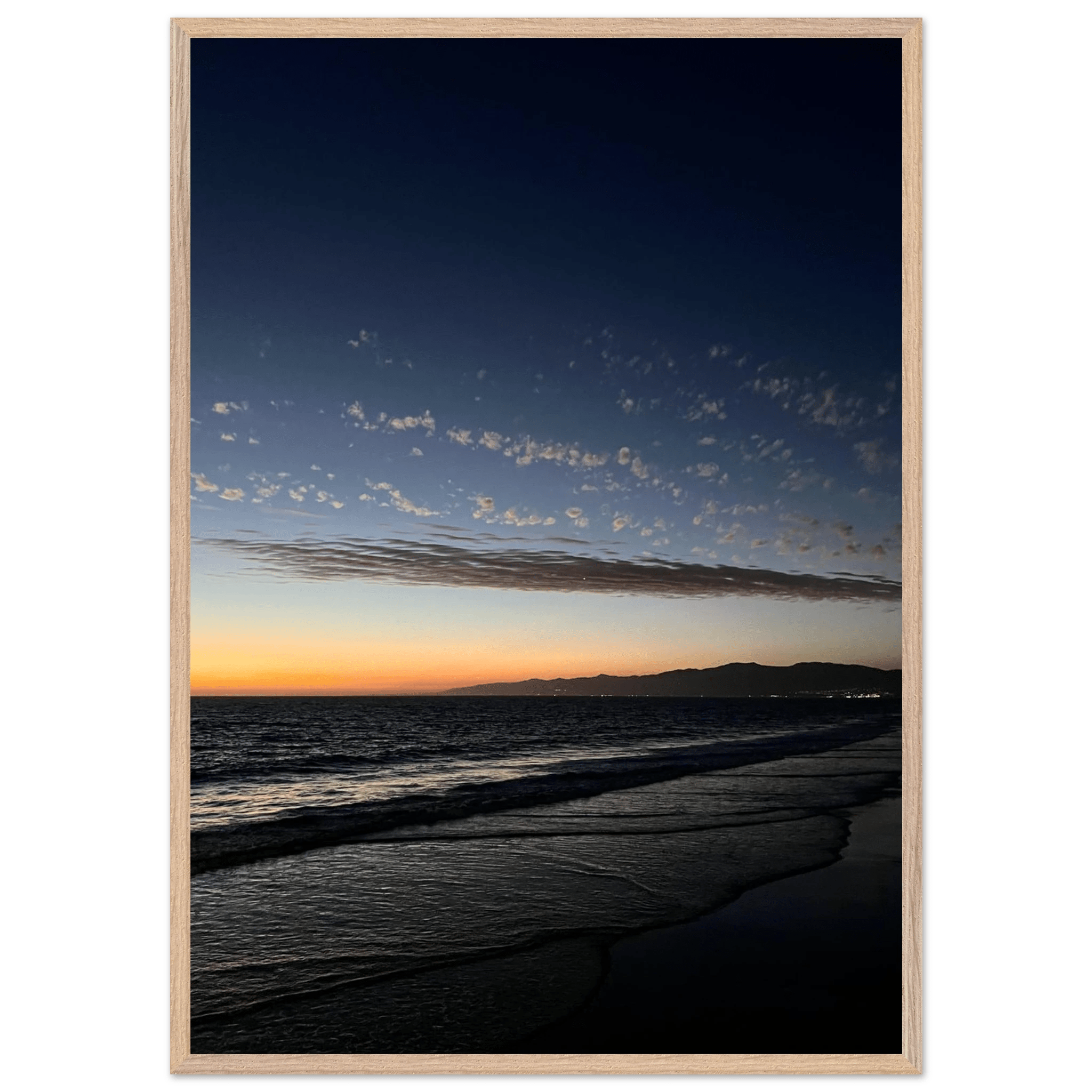 Premium wooden framed poster of a vibrant SoCal fall sunset, mounted in a white frame, ideal for home decor.