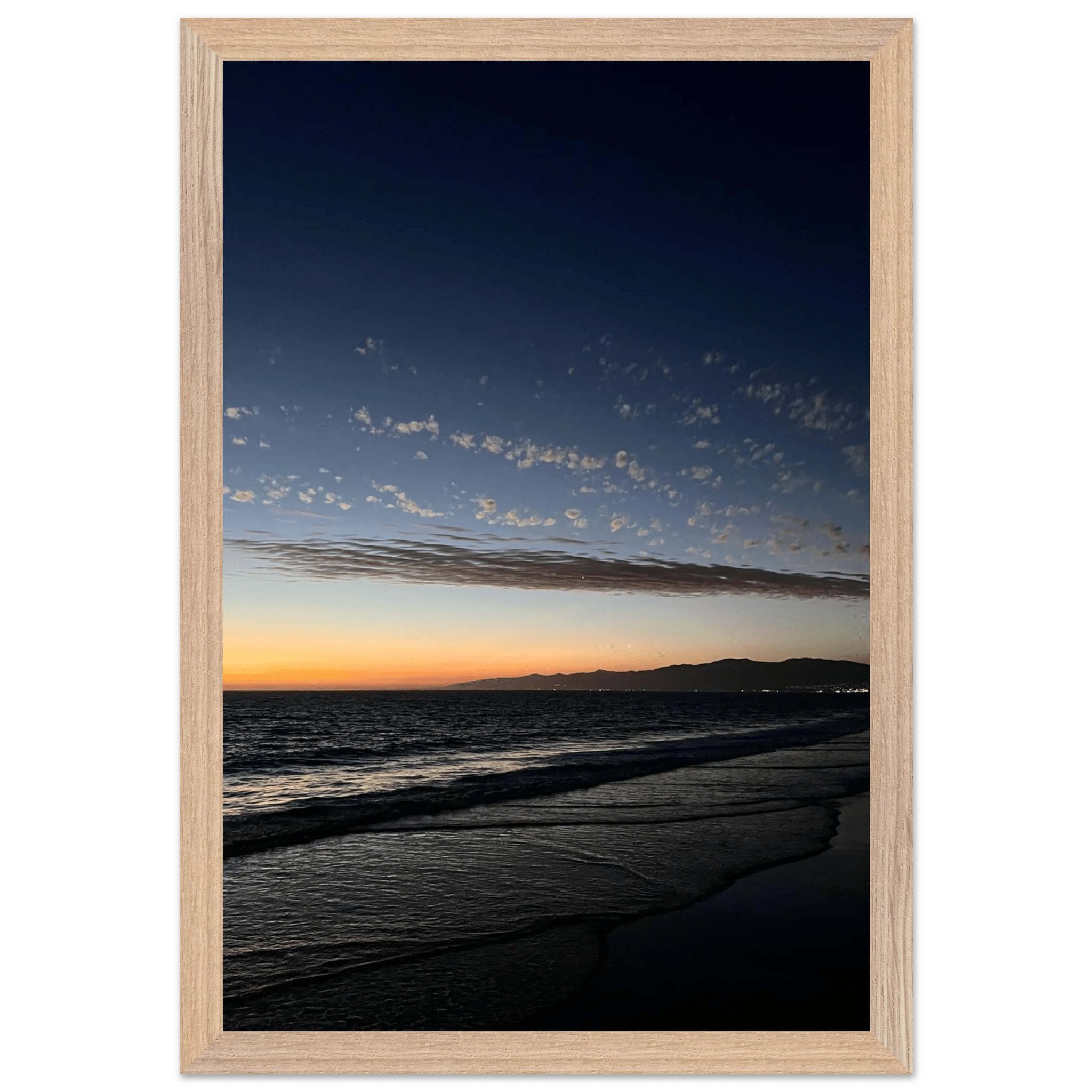 Wooden framed SoCal Fall Sunset poster with vibrant semi-glossy California artwork, perfect for home décor.