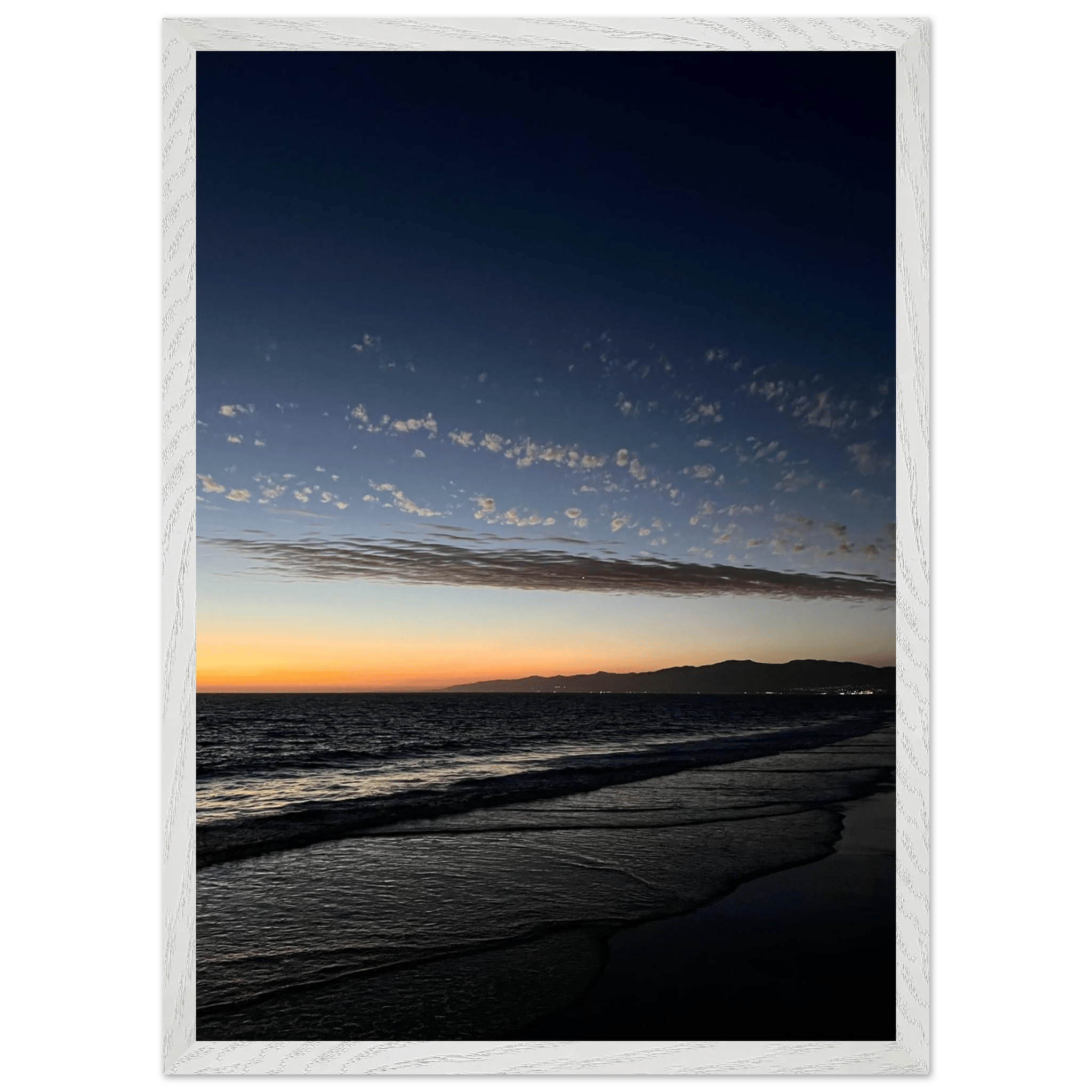 Wooden framed poster of a SoCal fall sunset with vibrant artwork, perfect for home decor, 15x20 cm, semi-glossy finish.