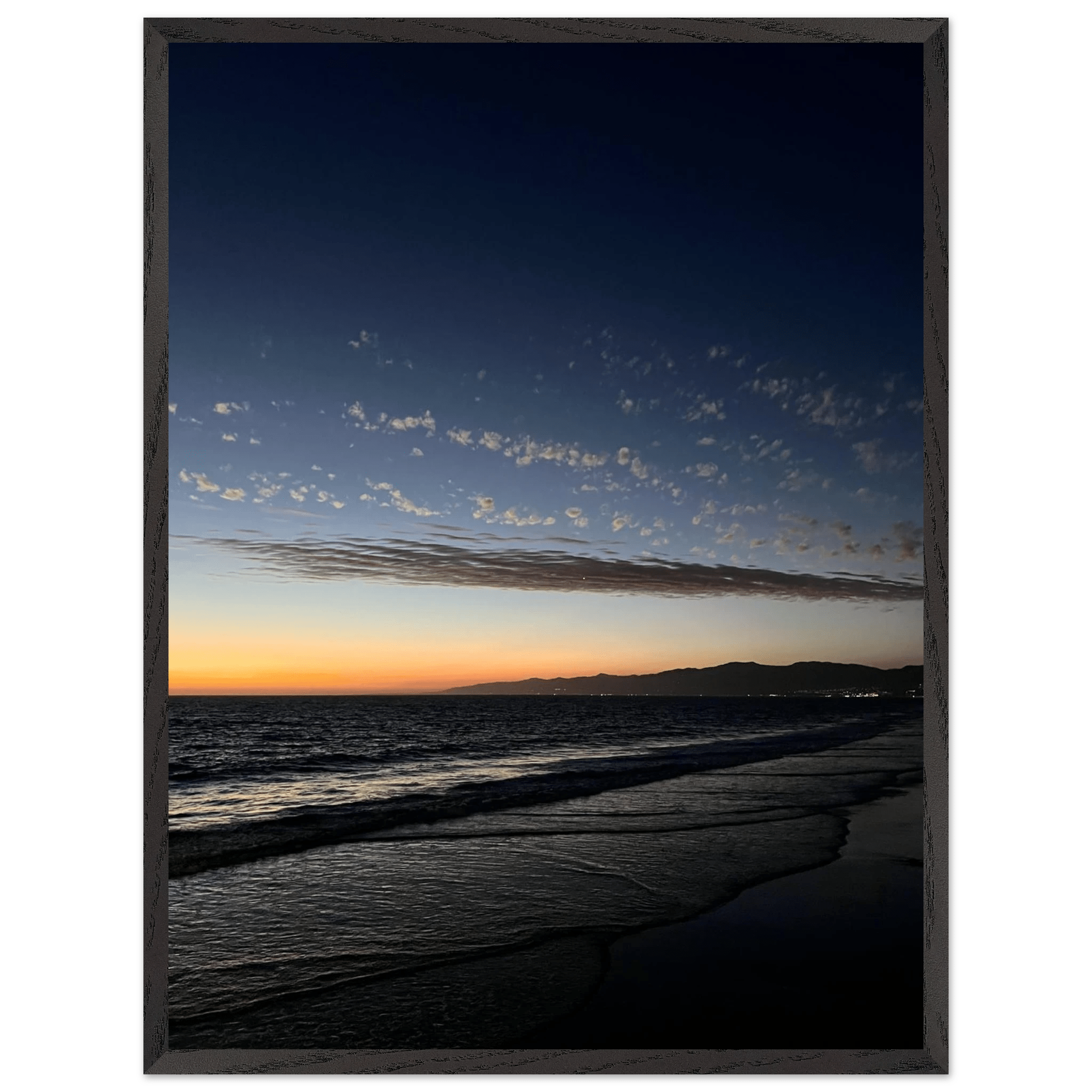 Wooden framed poster of a vibrant SoCal fall sunset, perfect for home decor, featuring California landscape artwork in a semi-gloss finish.