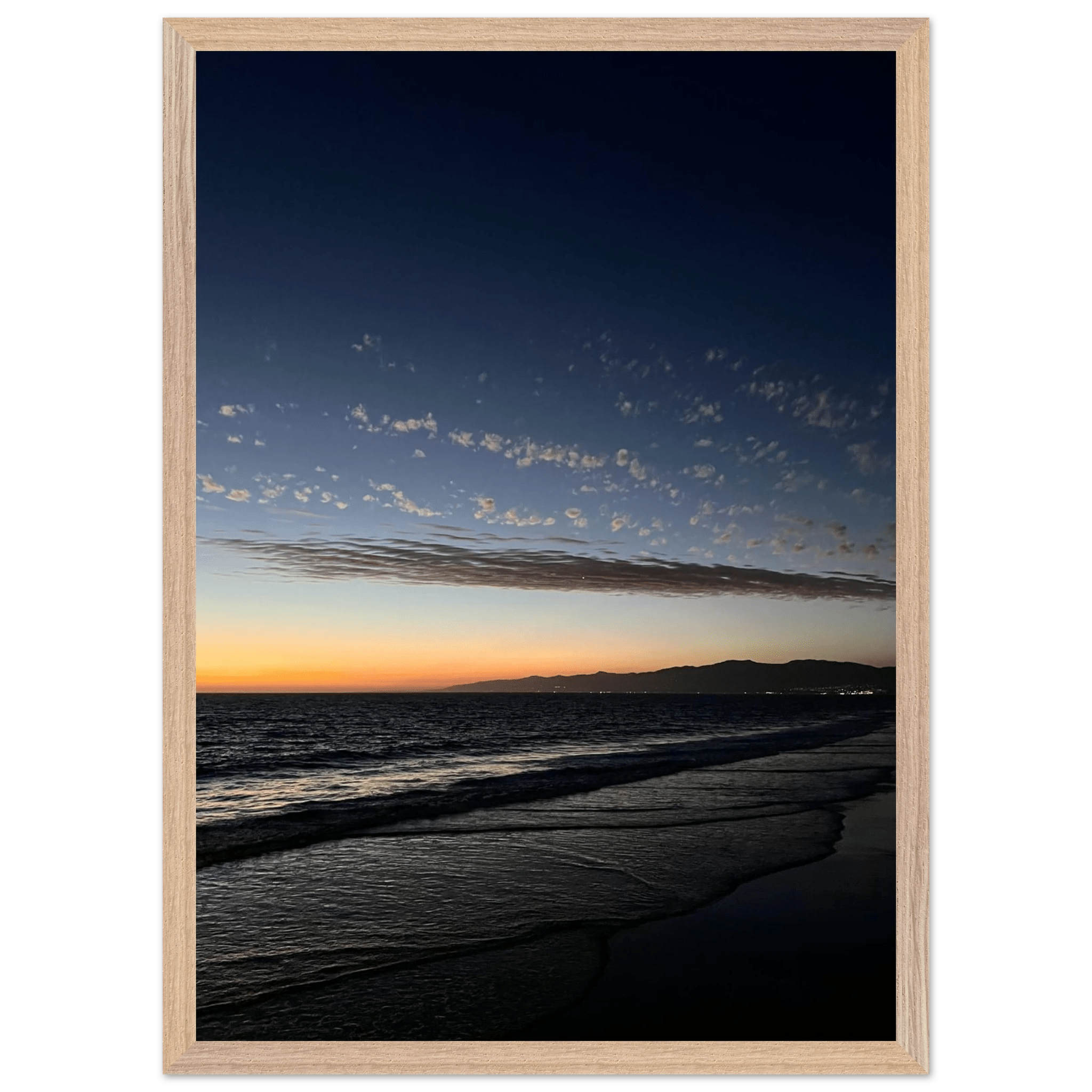 Wooden framed poster of a vibrant SoCal fall sunset, California poster art, semi-glossy finish, perfect for home décor.