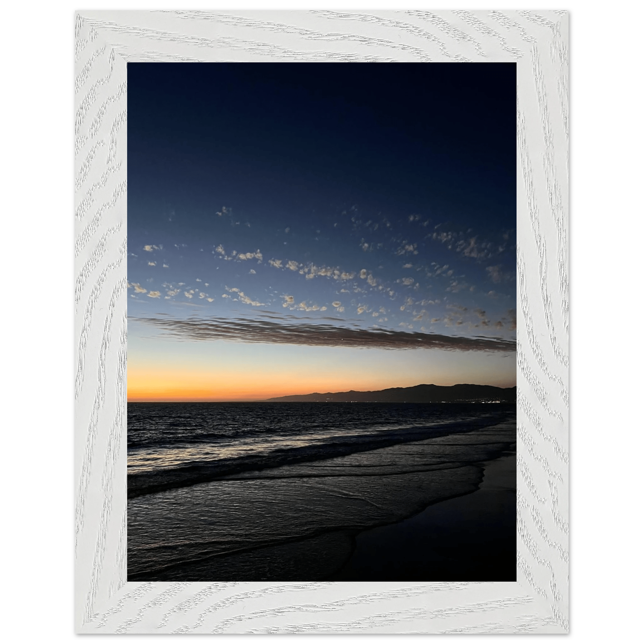 Premium wooden framed poster featuring a vibrant SoCal fall sunset scene, perfect for home decor with semi-glossy finish.
