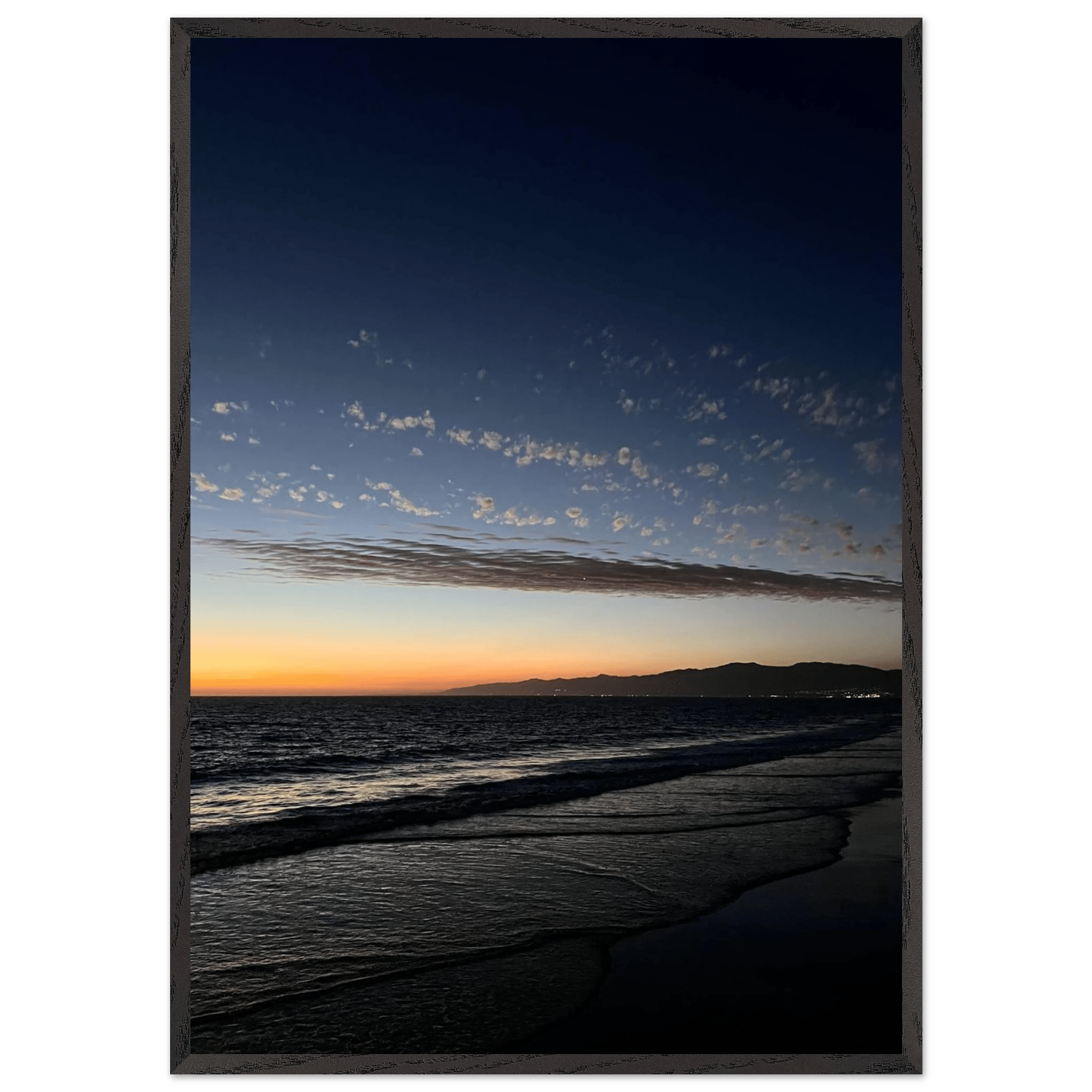 Premium wooden framed SoCal Fall Sunset poster, vibrant California artwork in a white frame, perfect for home decor.