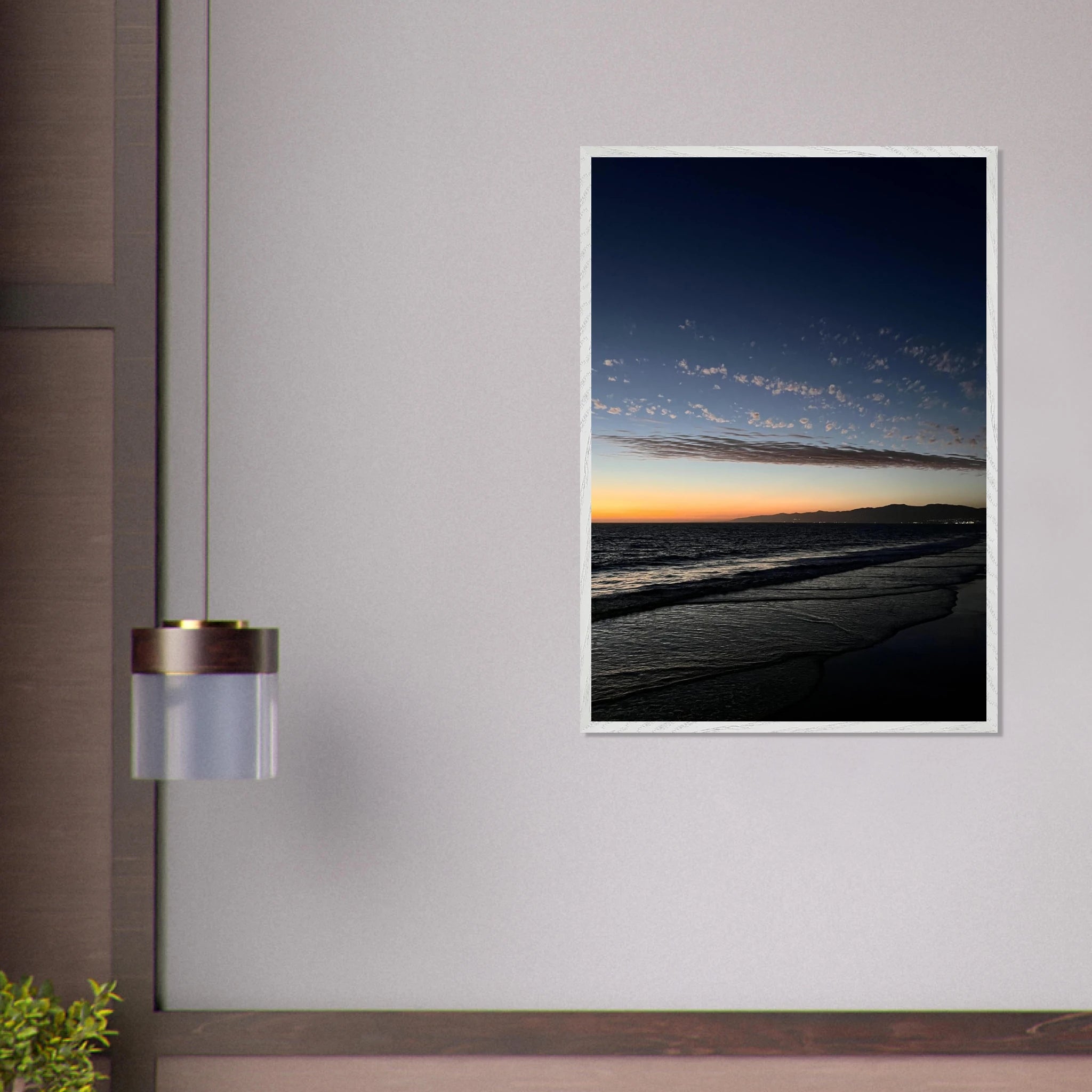 Wooden framed poster of a vibrant SoCal fall sunset artwork, ideal for home décor, California poster art, studio edition.