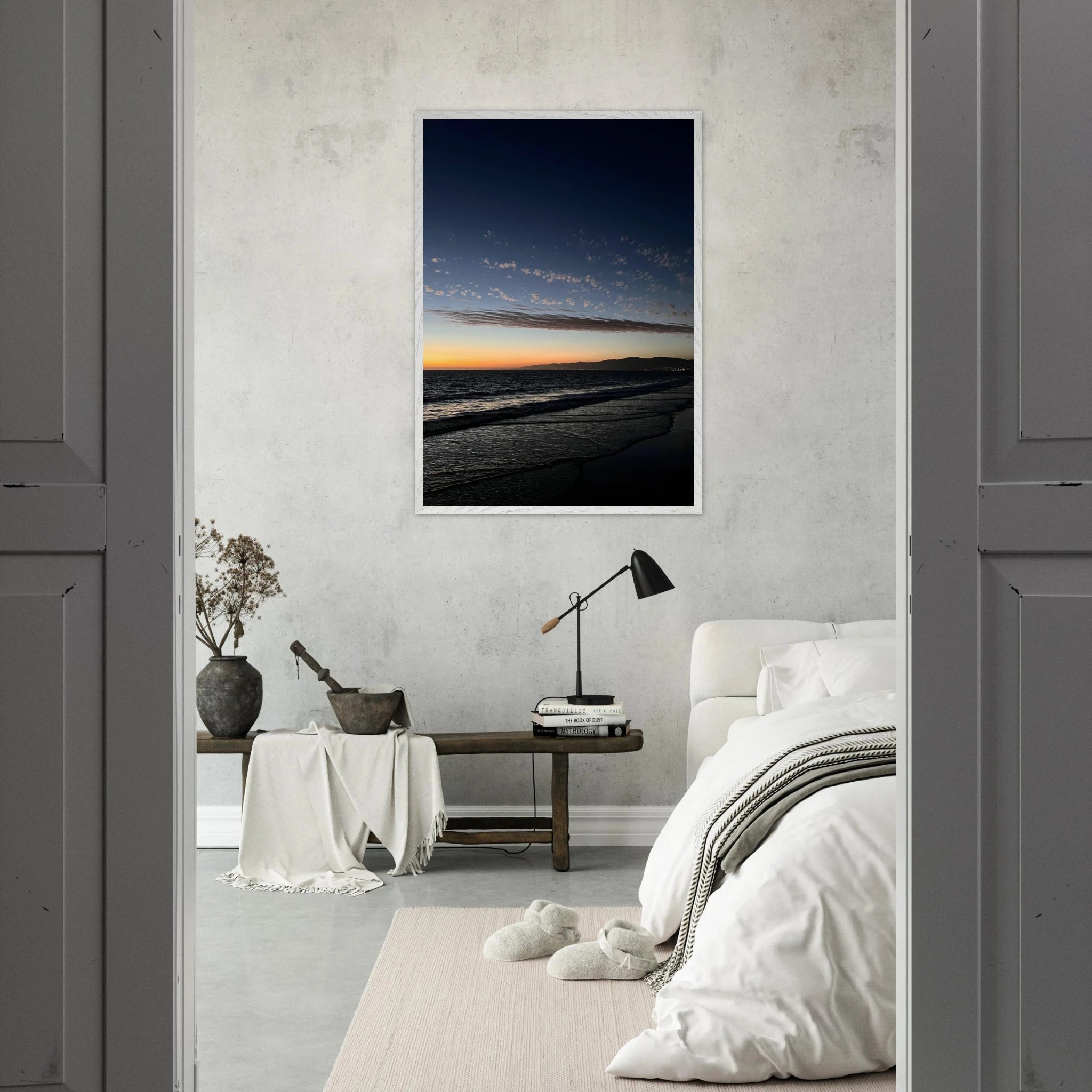 Premium wooden framed poster of a vibrant SoCal fall sunset on semi-glossy paper, ideal for home decor with California poster art.