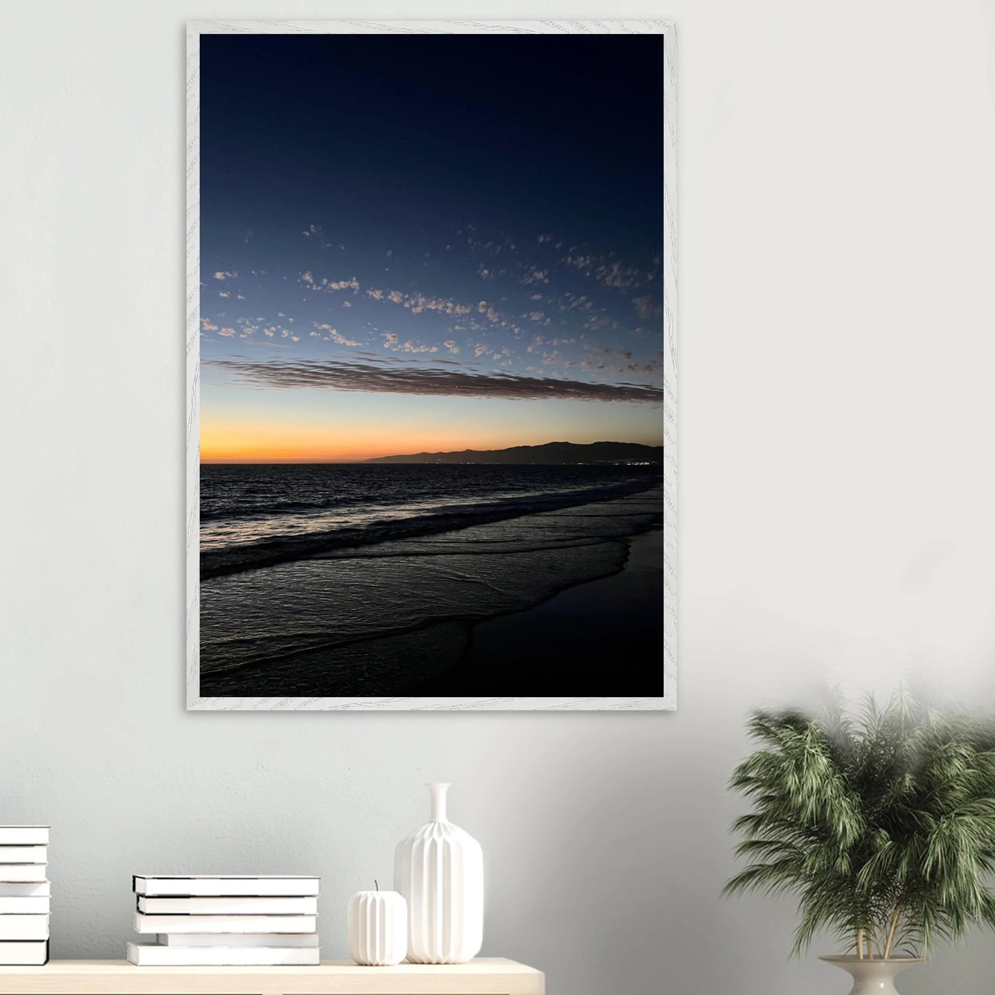 Premium wooden framed poster of a vibrant SoCal fall sunset, 6x8 inch California art print with semi-gloss finish for home decor.