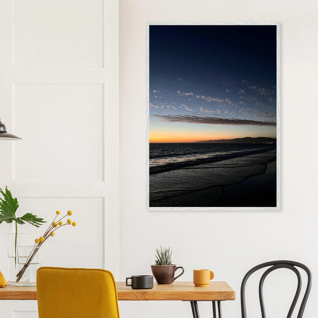 Premium wooden framed poster of a vibrant SoCal fall sunset, designed for home decor, with semi-glossy California sunset artwork.