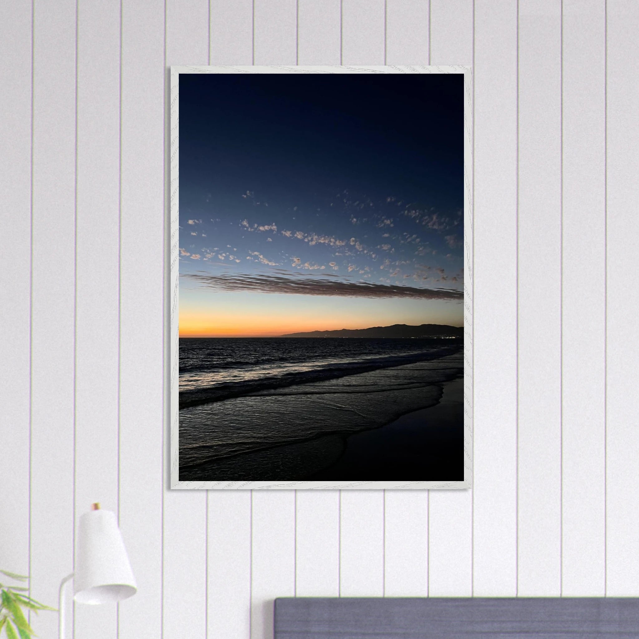 Premium wooden framed poster of a vibrant SoCal fall sunset, mounted on a white frame, ideal for home decor and wall art.