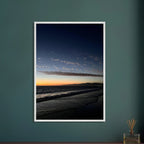 Premium wooden framed poster of a vibrant SoCal fall sunset, mounted in a white frame, perfect for home decor.