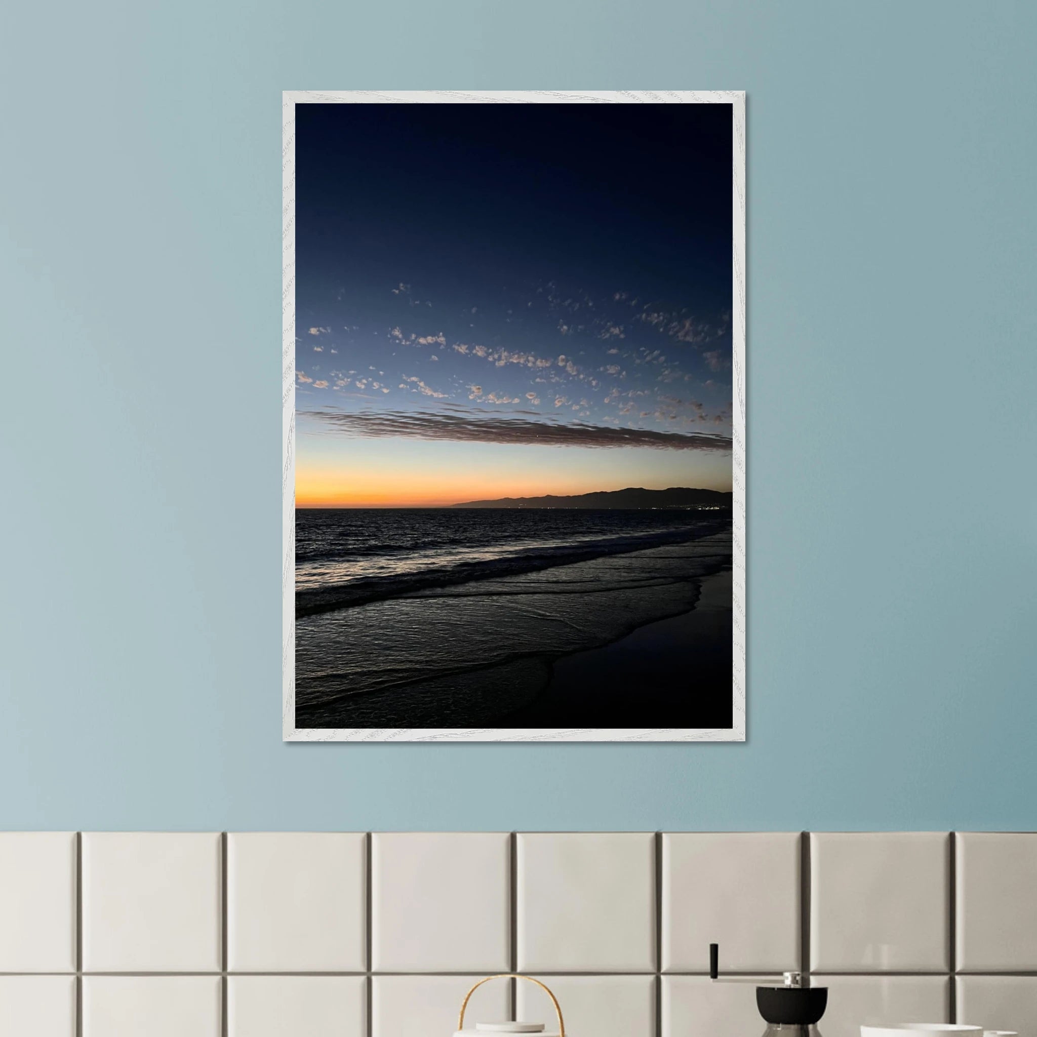 Premium wooden framed poster of a vibrant SoCal fall sunset scene, perfect for home décor, with semi-glossy finish and California artwork.