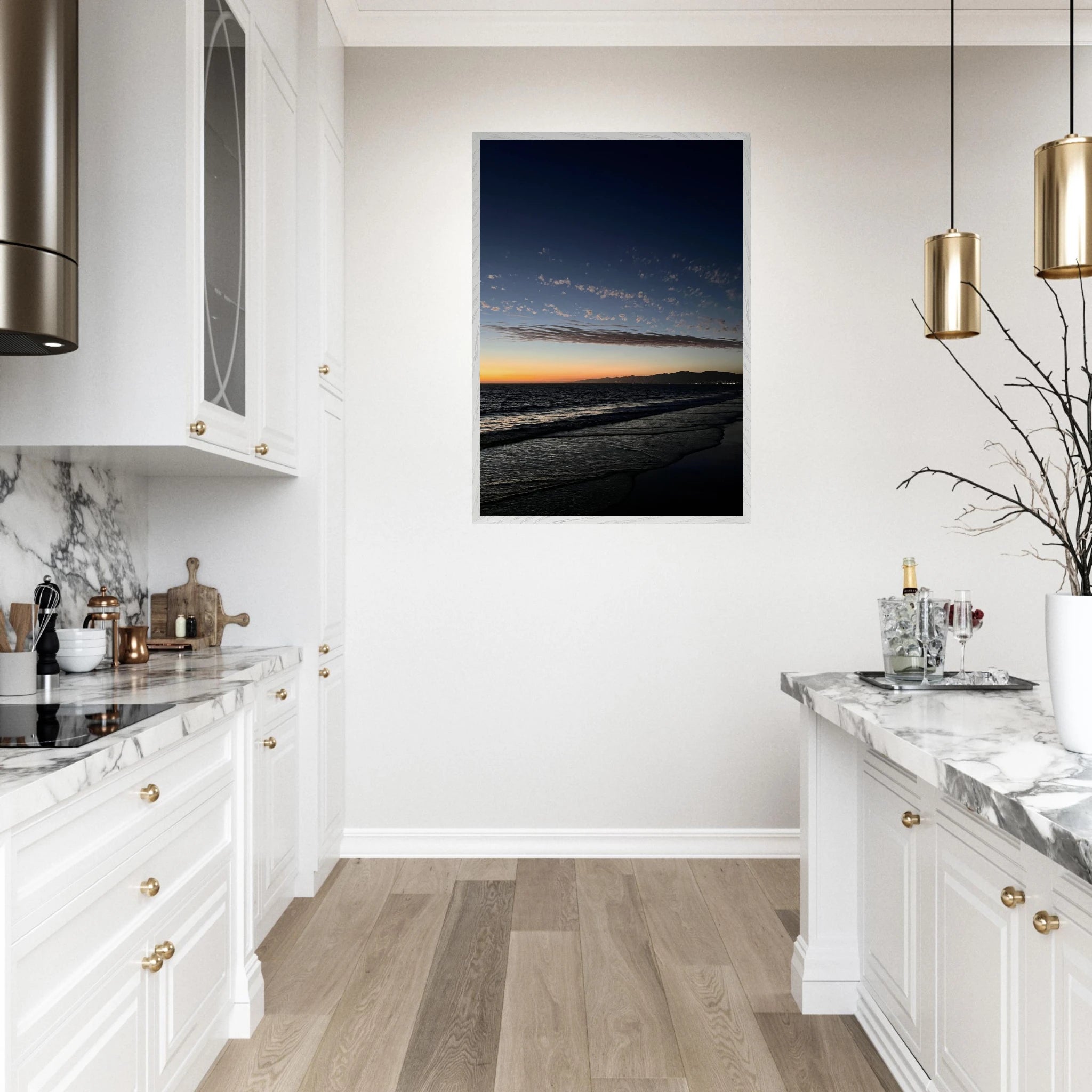 Premium wooden framed poster featuring a vibrant SoCal fall sunset scene, perfect for home decor in a white 15x20 cm frame.