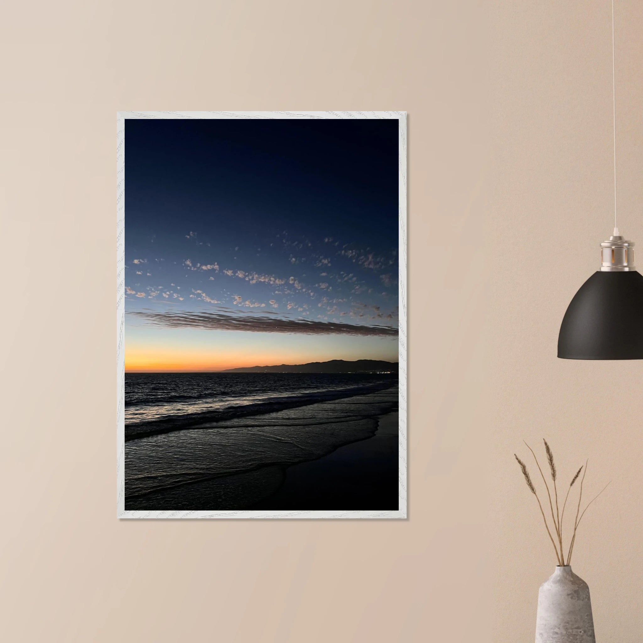 Premium wooden framed poster of a vibrant SoCal fall sunset landscape, perfect for home decor, featuring California poster art.