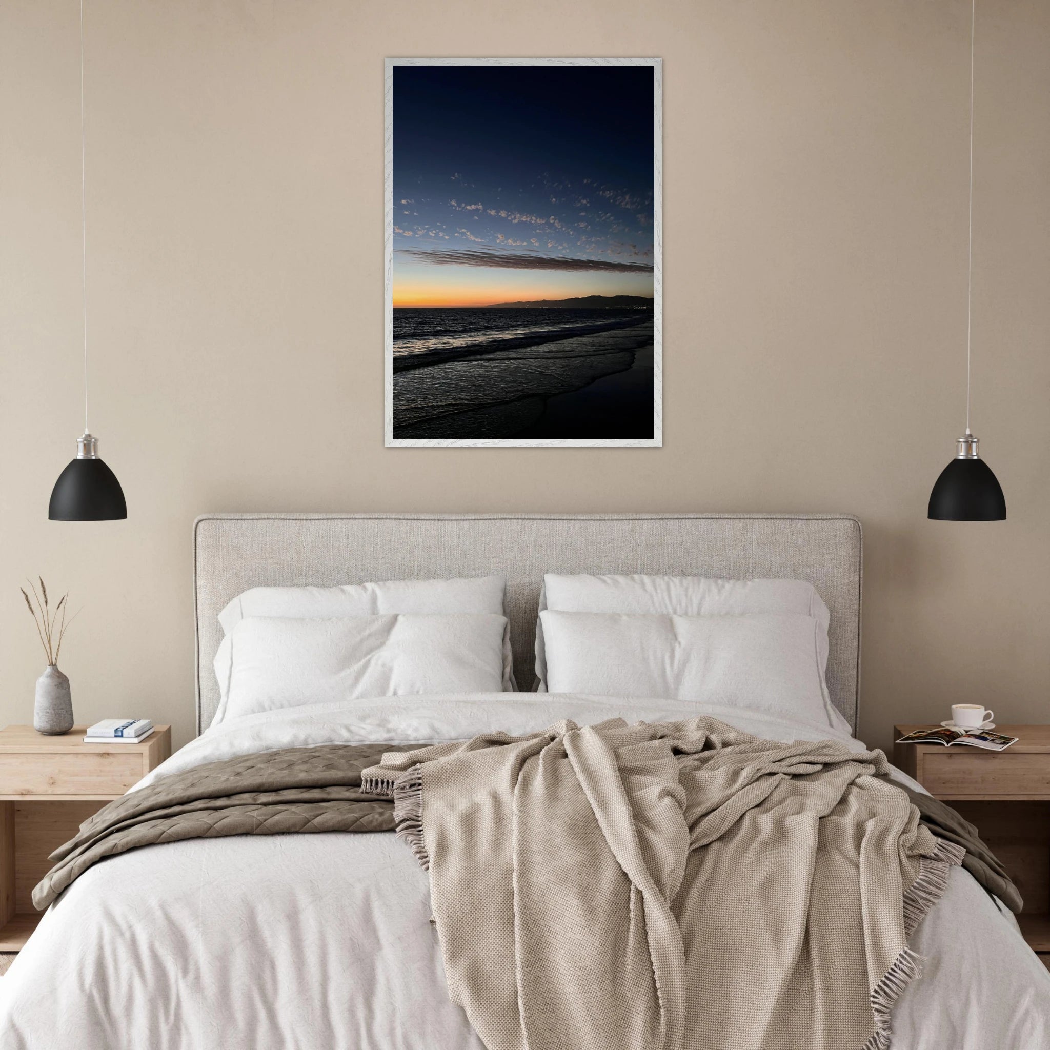 Premium wooden framed poster of a vibrant SoCal fall sunset artwork on semi-glossy paper, ideal for home décor.