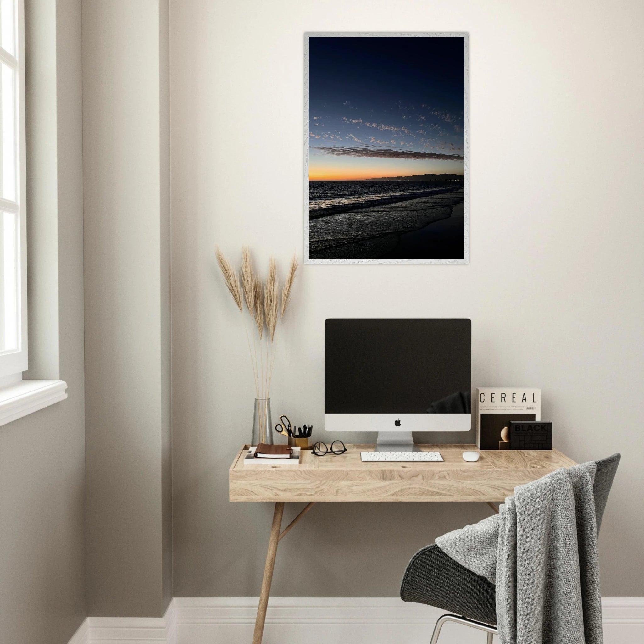 Premium wooden framed poster of SoCal fall sunset with vibrant semi-glossy artwork, perfect for home decor and California wall art.