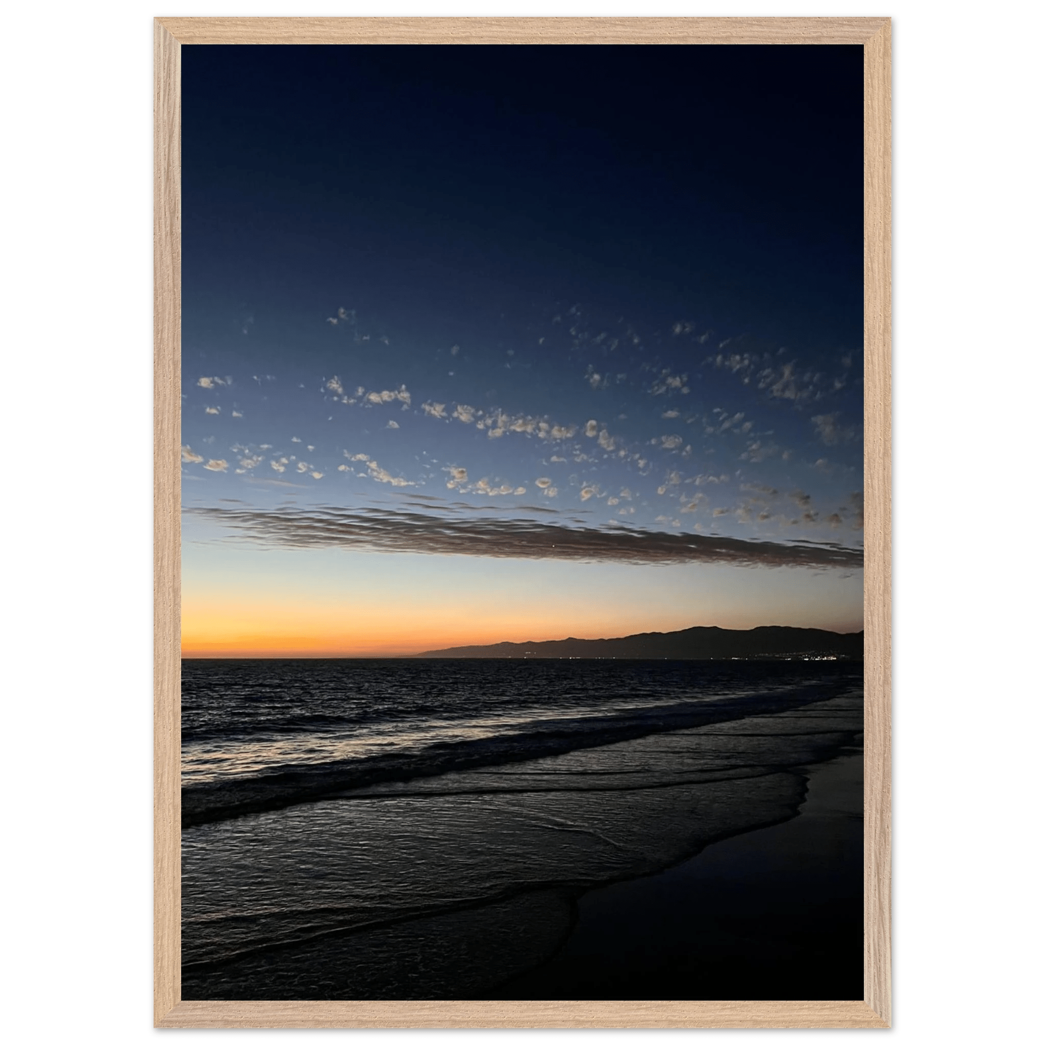 Premium wooden framed poster of a vibrant SoCal fall sunset, mounted with semi-glossy California artwork for home decor.