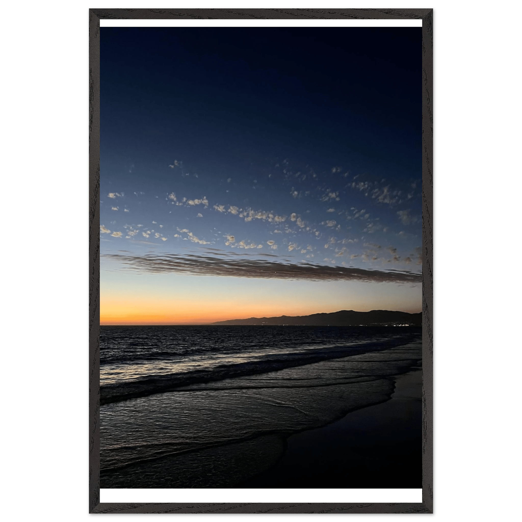 Premium wooden framed poster of a vibrant SoCal fall sunset artwork, perfect for home decor in a white 15x20 cm frame.