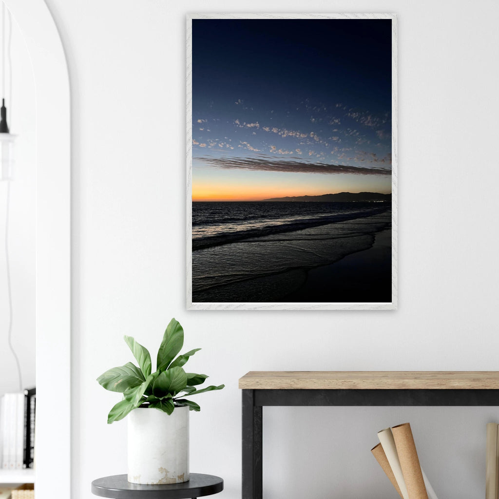 Premium wooden framed poster of a vibrant SoCal fall sunset, California-themed artwork, ideal for home decor, studio edition.