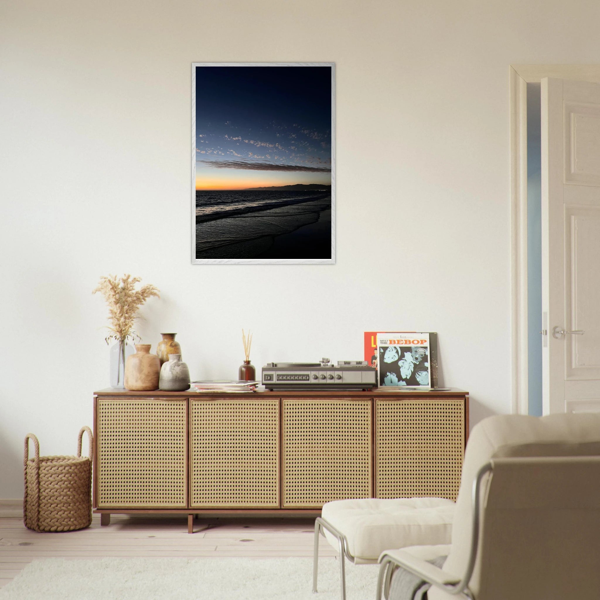 Premium wooden framed poster of a vibrant SoCal fall sunset, 15x20 cm, featuring California landscape artwork for home decor.