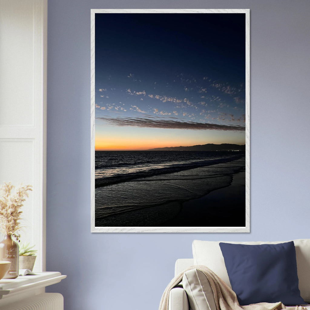 Premium wooden framed poster of a vibrant SoCal fall sunset, mounted and semi-glossy, ideal for California-themed home decor.