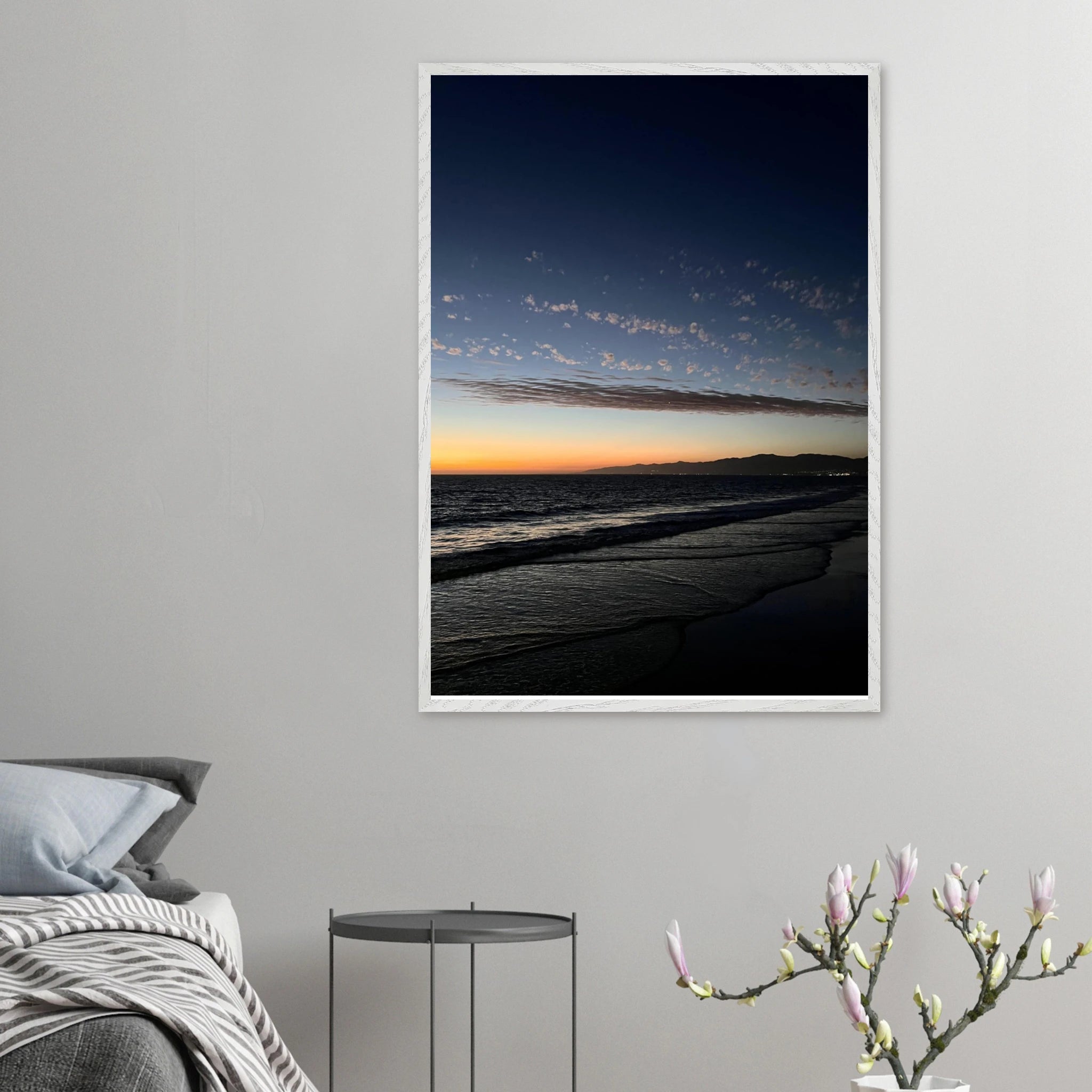 Premium wooden framed poster of a vibrant SoCal fall sunset, California-themed home decor artwork in a white frame.