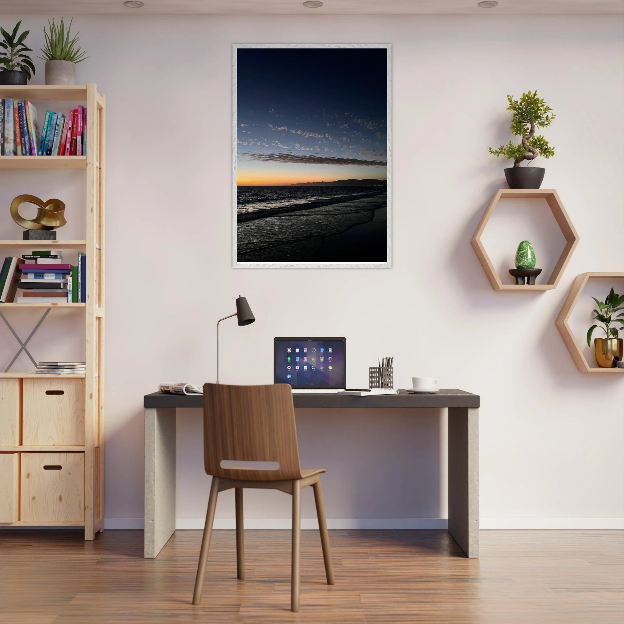 Premium wooden framed poster of SoCal fall sunset, vibrant artwork in semi-gloss finish, ideal for home decor, California poster art.