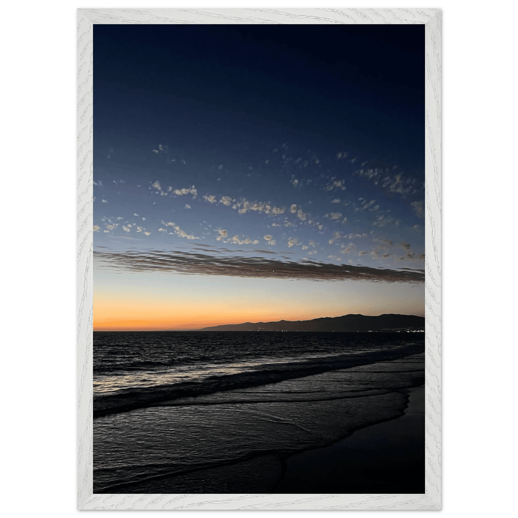 Premium wooden framed poster of a vibrant SoCal fall sunset, California-inspired artwork, perfect for home decor.