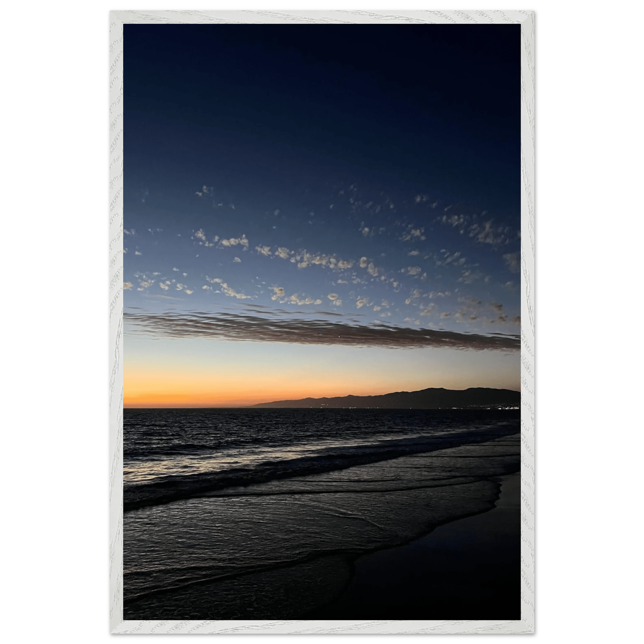 Premium wooden framed poster of a vibrant SoCal fall sunset, mounted in a white frame, ideal for home décor and wall art.