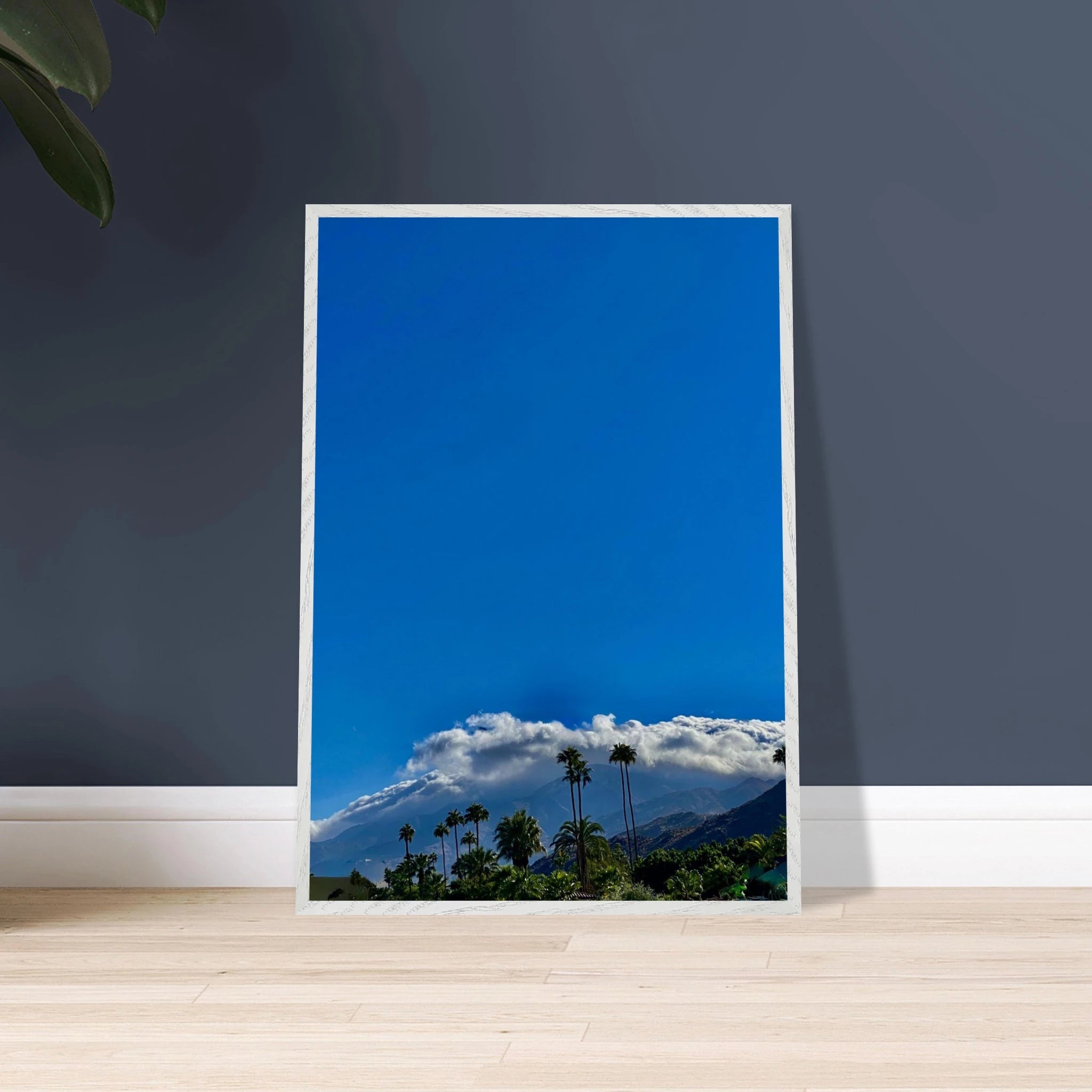 Mounted wooden framed Desert Calm poster from California Poster Art, featuring a serene desert landscape in a white frame.