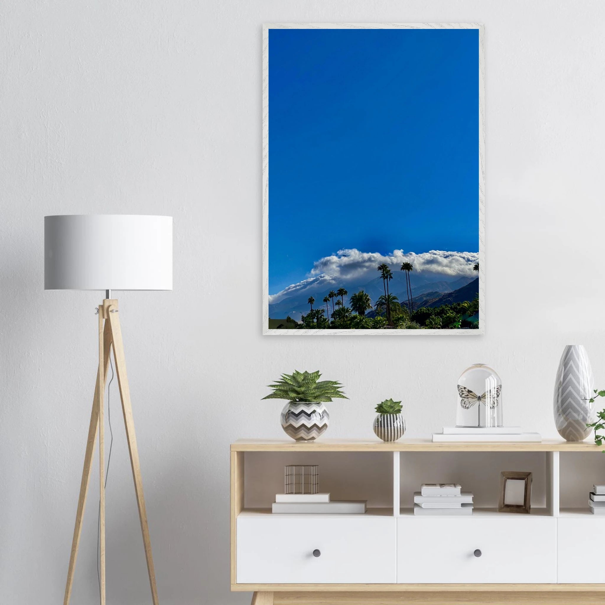 Mounted wooden framed poster of the Desert Calm photo from California Poster Art, Studio Edition, in a white frame.