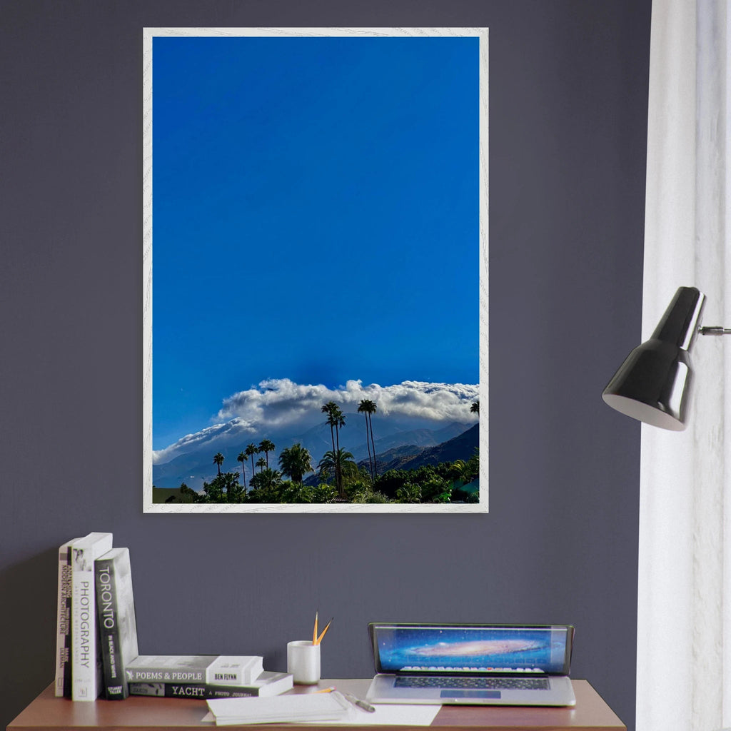 Mounted wooden framed Desert Calm poster from California Poster Art, featuring a tranquil desert scene in a white frame.