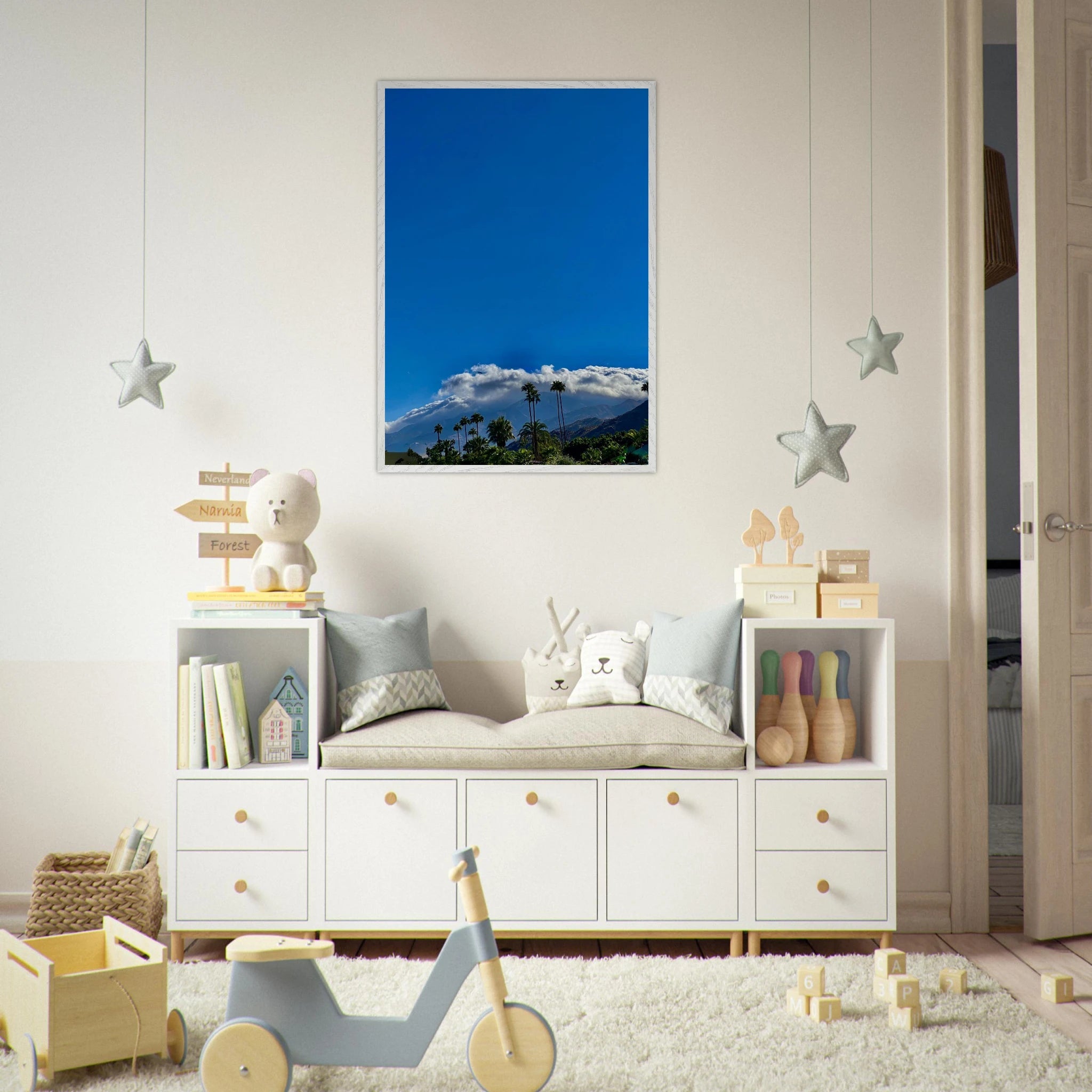 Mounted wooden framed poster of Desert Calm photo from California Poster Art, studio edition, featuring a serene desert landscape.