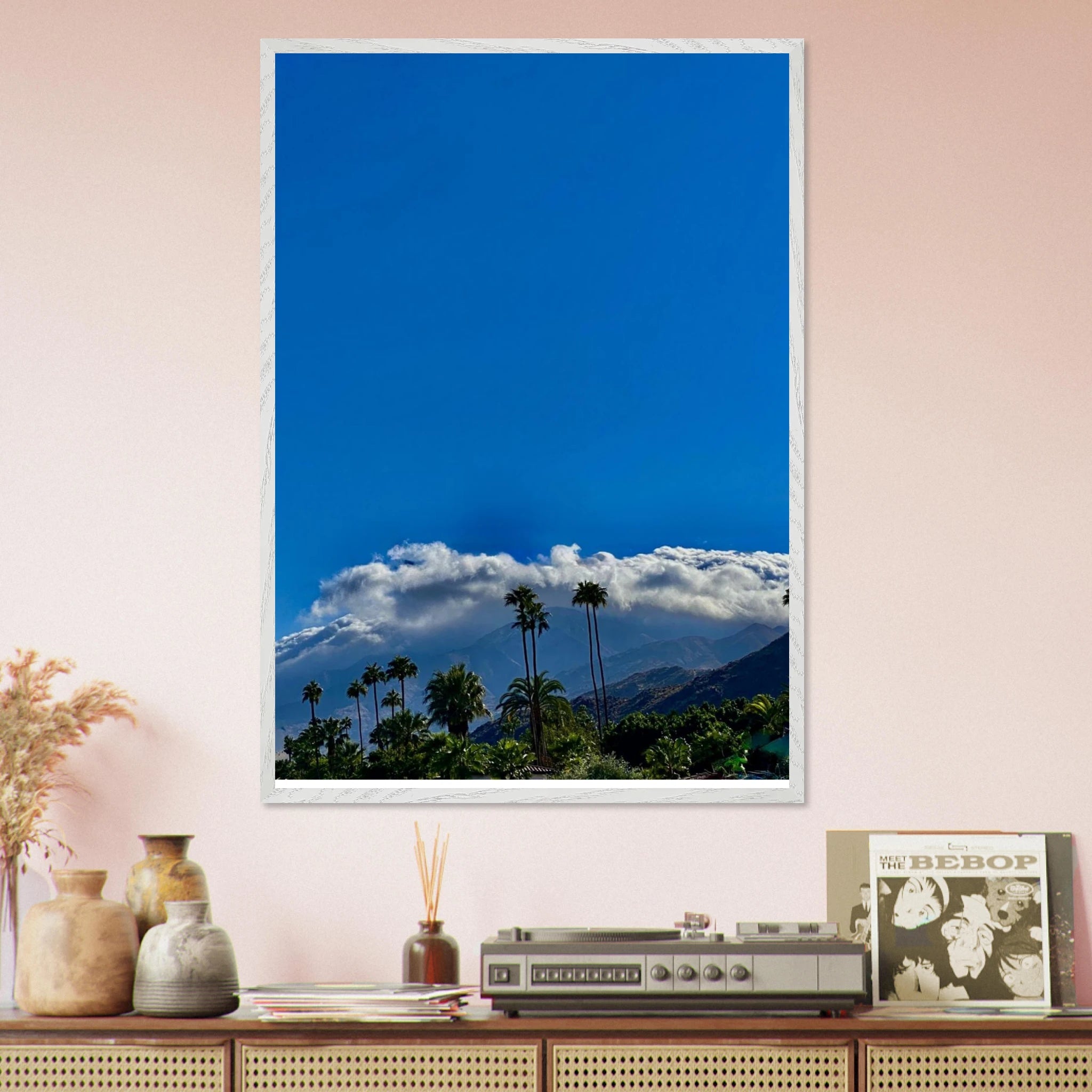 Mounted wooden framed poster of Desert Calm photo from California Poster Art studio edition, 21x29.7 cm, with white frame.