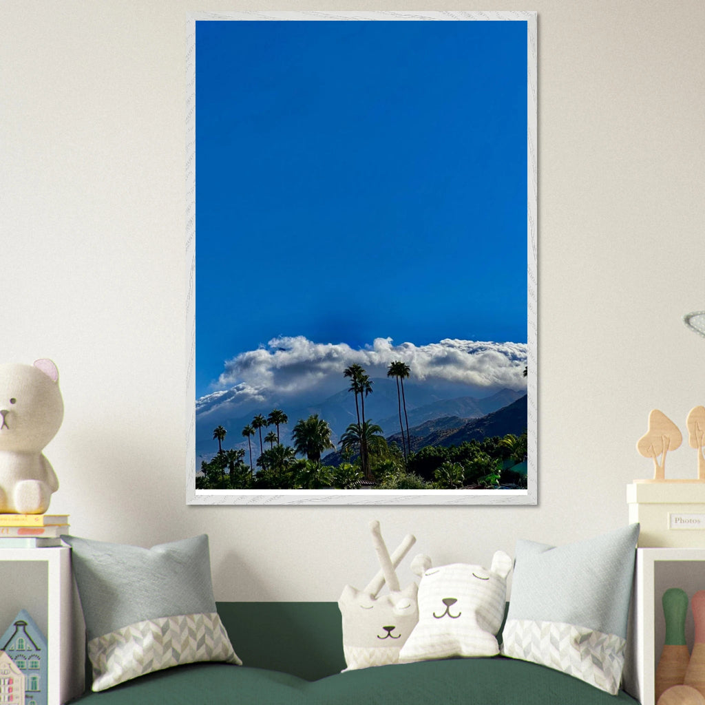 Mounted wooden framed Desert Calm poster from California Poster Art, featuring a serene desert landscape in a white frame.