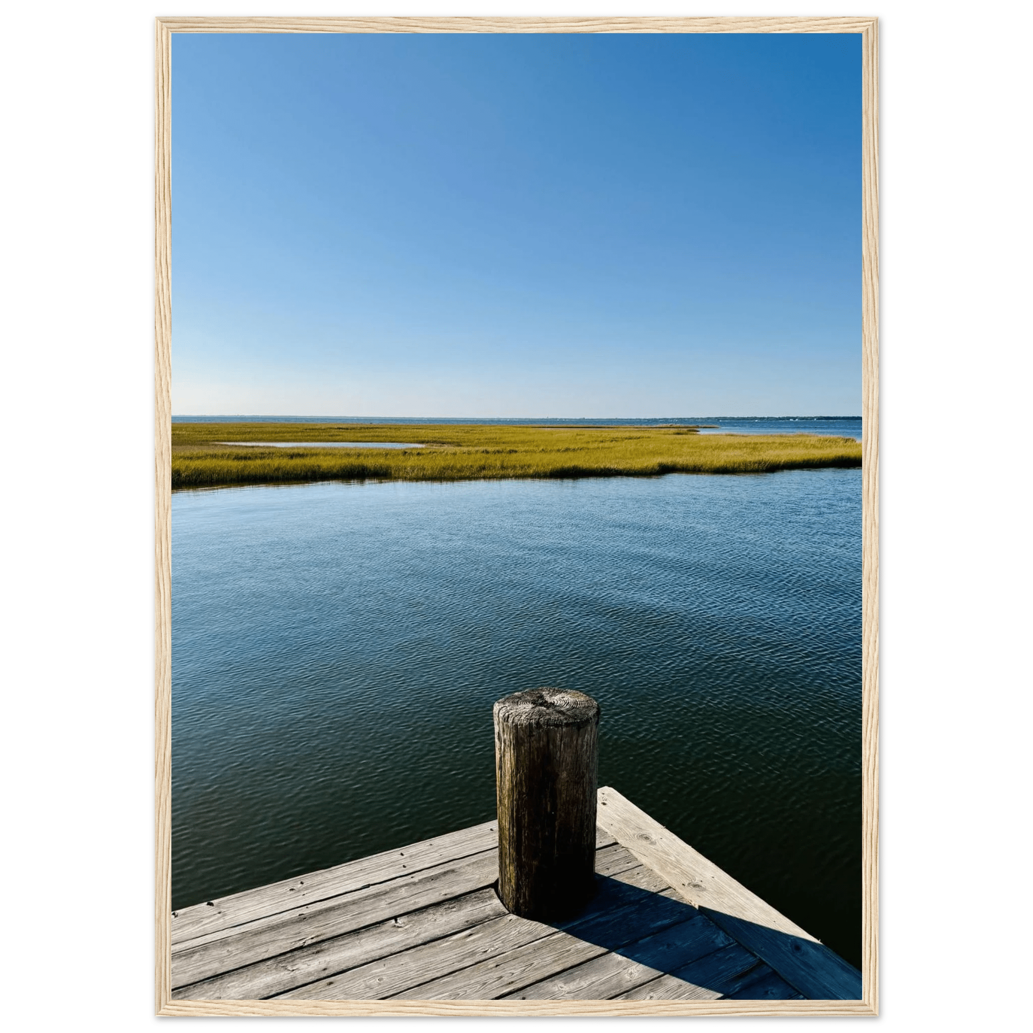Framed poster of Long Island Sound with dreamy pier scene, white frame, 13x18 cm print, part of travel collection wall art.