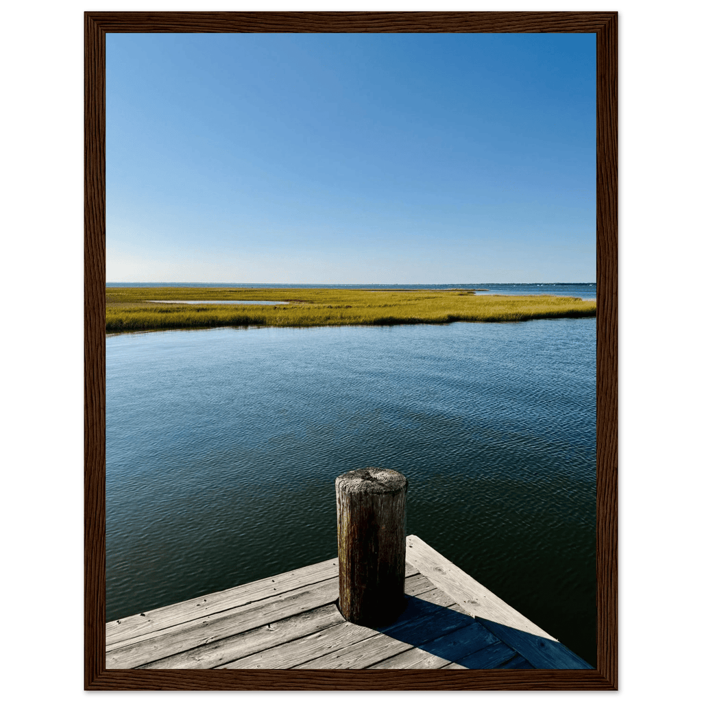 Framed print of Long Island Sound dreamy pier wall art from the Endless Summer Mood Travel Collection, 13x18 cm, white frame.