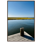 Framed poster of Long Island Sound with a dreamy pier scene, featuring a white frame and vibrant summer travel-inspired wall art.
