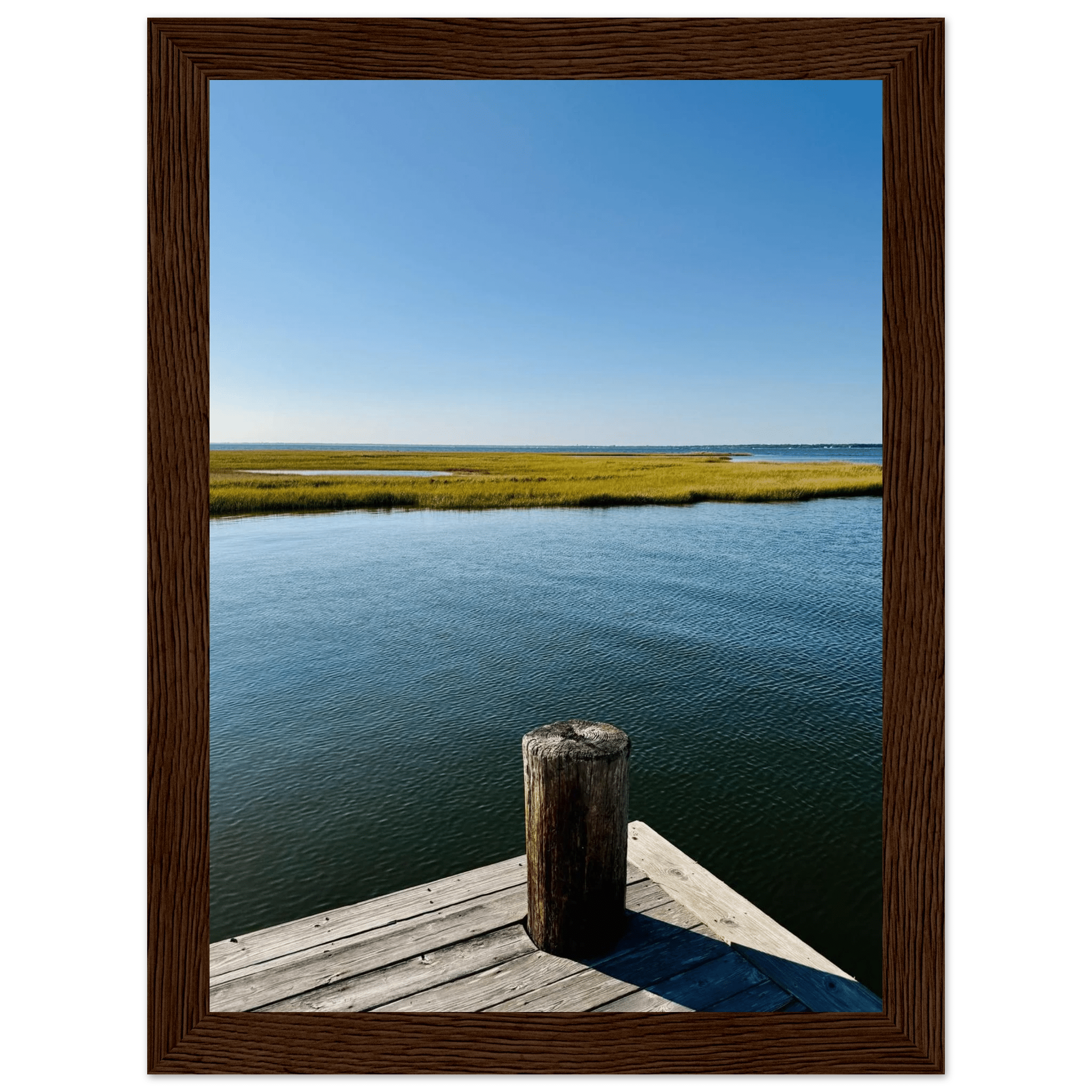 Framed print of Long Island Sound with a dreamy pier scene, part of the Endless Summer Mood Wall Art Travel Collection.