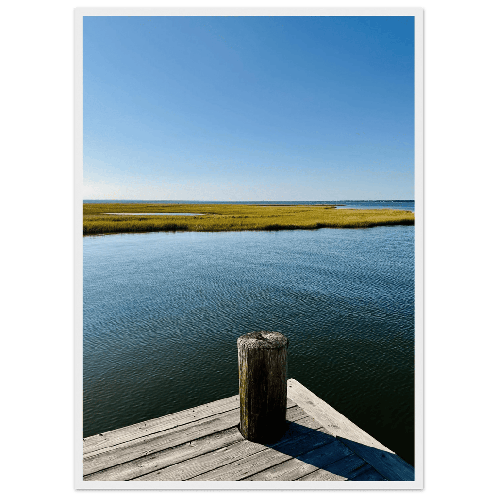 Framed print of Long Island Sound pier scene with dreamy summer mood, white frame, part of travel collection wall art.