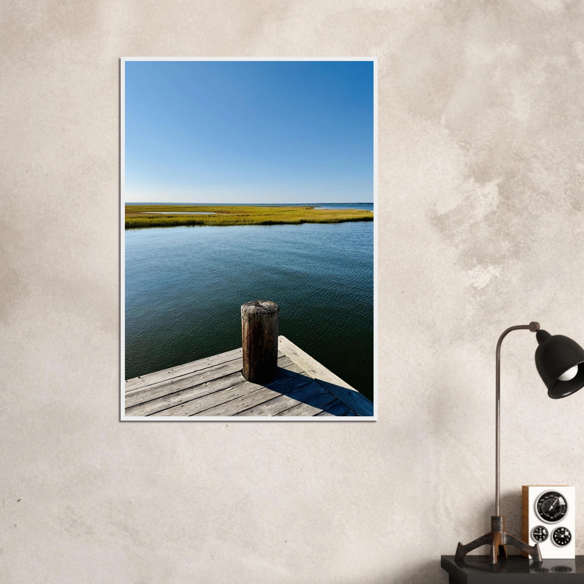 Framed print of Long Island Sound pier with dreamy summer mood, featuring white frame and scenic travel-inspired wall art.