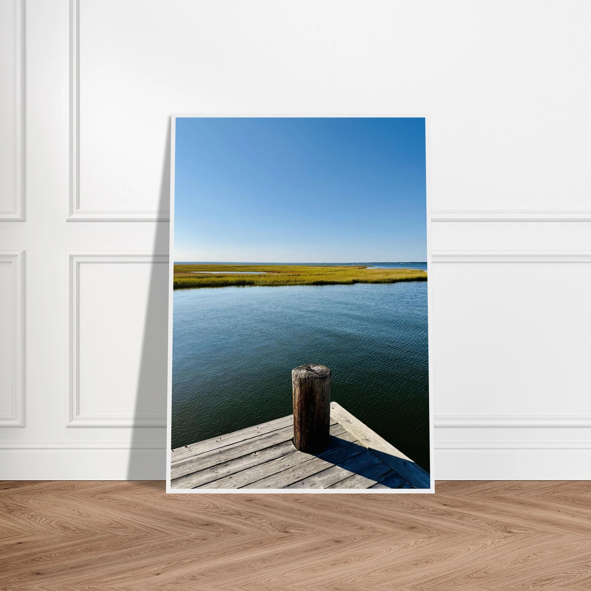 Framed print of Long Island Sound dreamy pier wall art from the Endless Summer Mood Travel Collection, 13x18 cm, white frame.