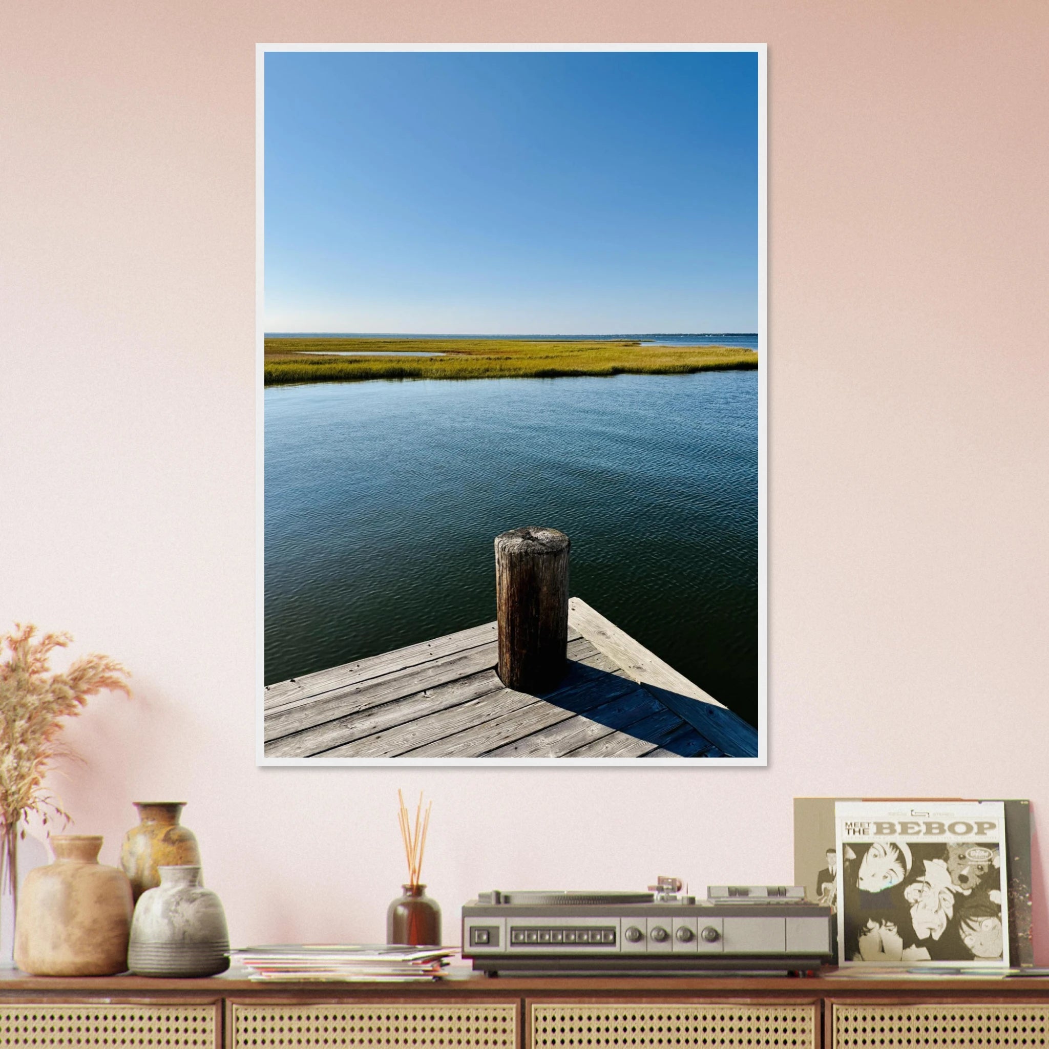 Framed print of Long Island Sound with dreamy pier scene, part of Endless Summer Mood Wall Art from the Travel Collection.