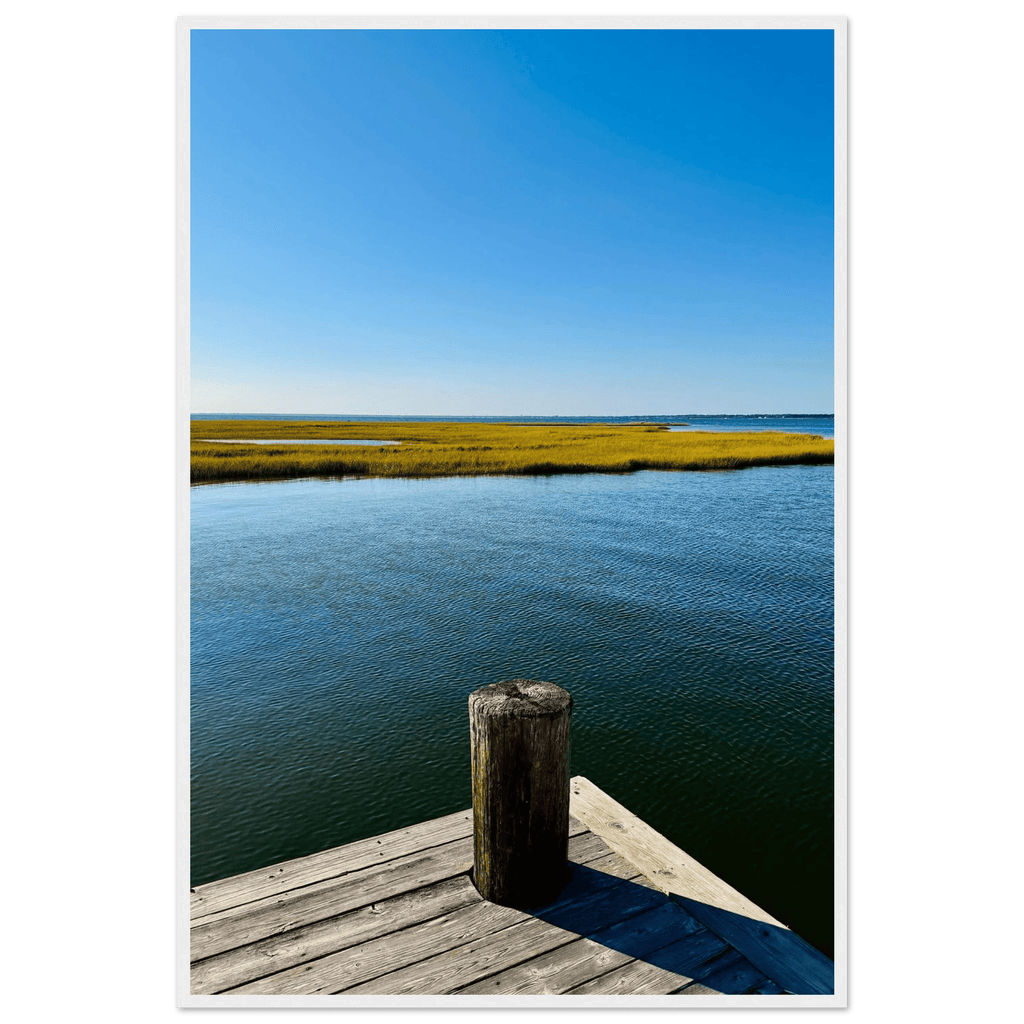 Framed print of Long Island Sound dreamy pier scene, wall art from the Endless Summer Mood Travel Collection in a white frame.